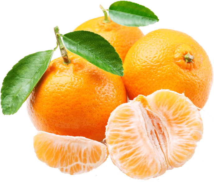 mandarin 桌布 壁紙 — 鮮豔的橙色柑橘，帶有新鮮綠葉和剝開的瓣片，露出多汁的果肉。