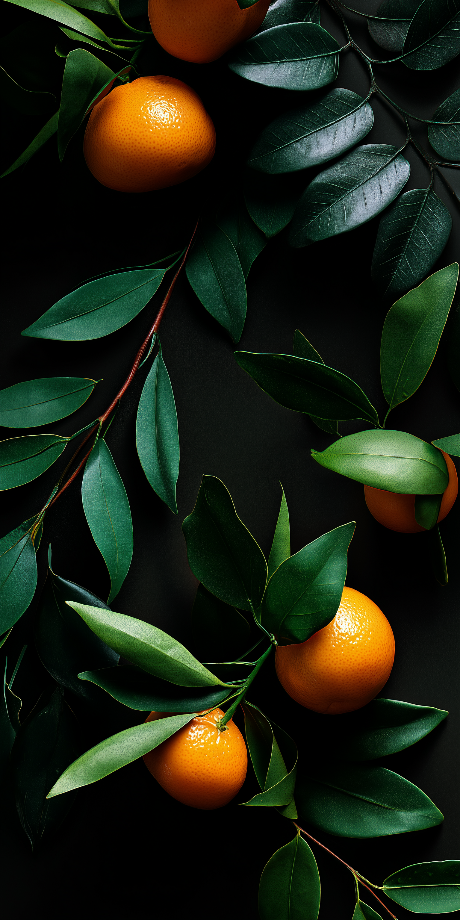 Fruit 桌布 壁紙 — 鮮豔的橙色柑橘類水果 nestled 在光澤的綠葉之間，背景是純黑色。