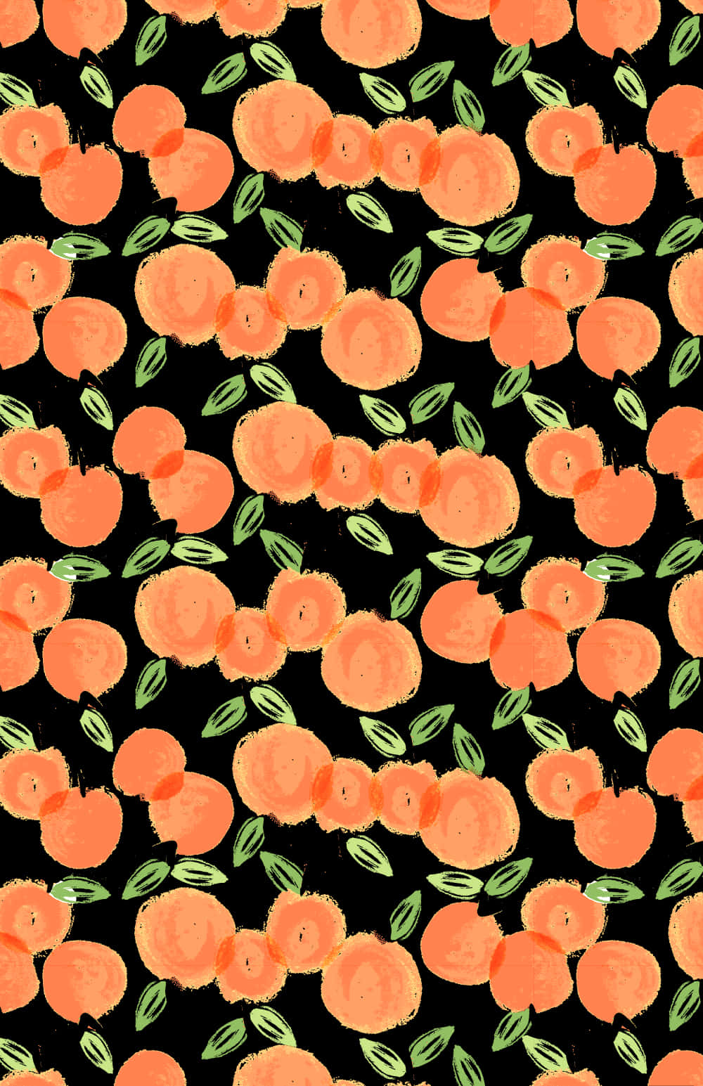 Cute Orange 桌布 壁紙 — 鮮豔的橙色柿子搭配綠葉，散落在純黑色背景上，形成有趣的重复圖案。