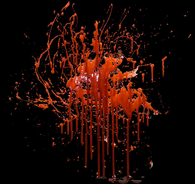 Blood Dripping 桌布 壁紙 — 鮮豔的橙色液體飛濺和滴落，在純黑色背景上形成強烈對比的抽象構圖。