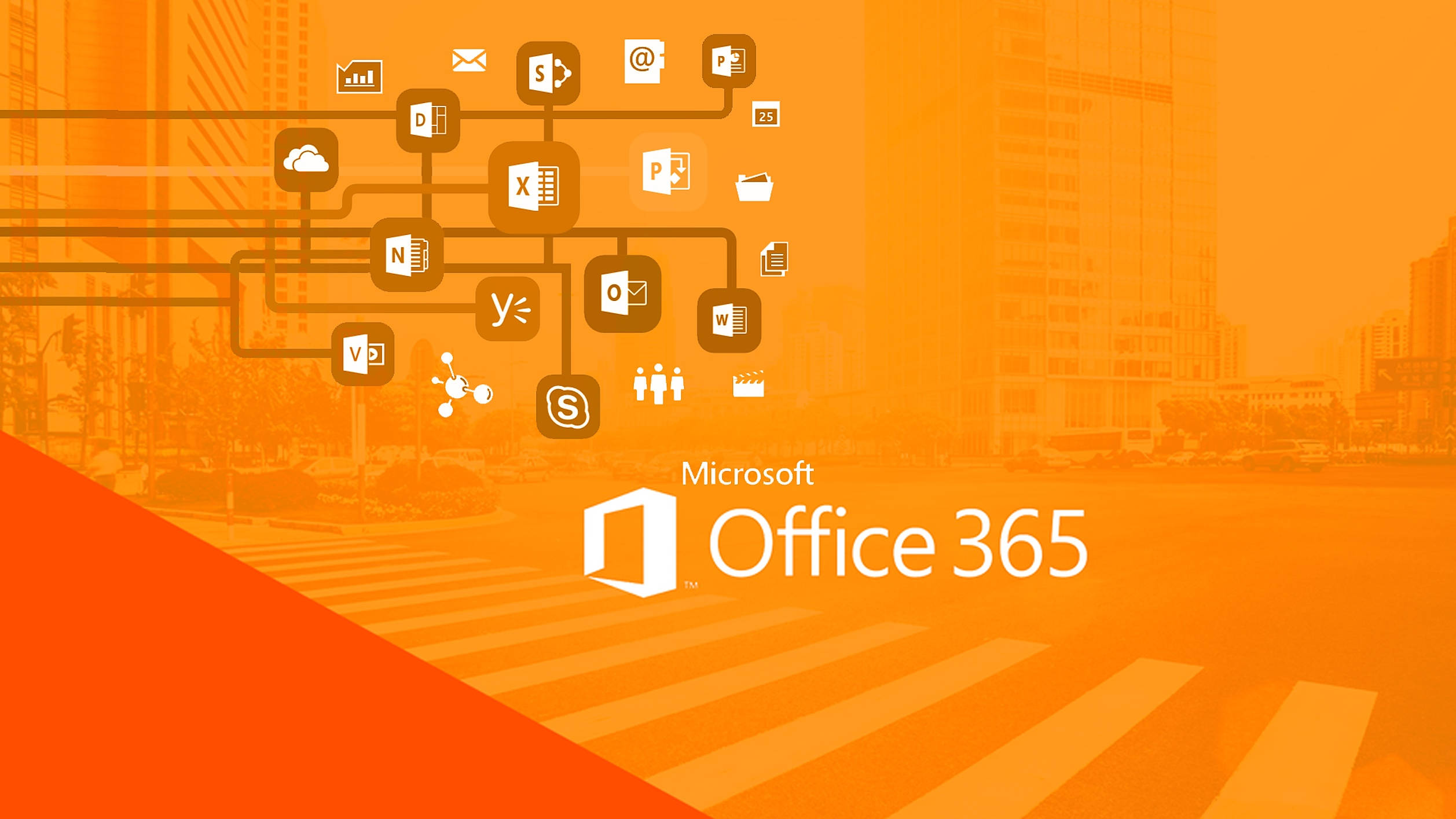 Office 365 桌布 壁紙 — 鮮豔的橙色漸變背景，Microsoft Office 365 應用程式圖標通過線條連接，覆蓋在模糊的城市景觀上。