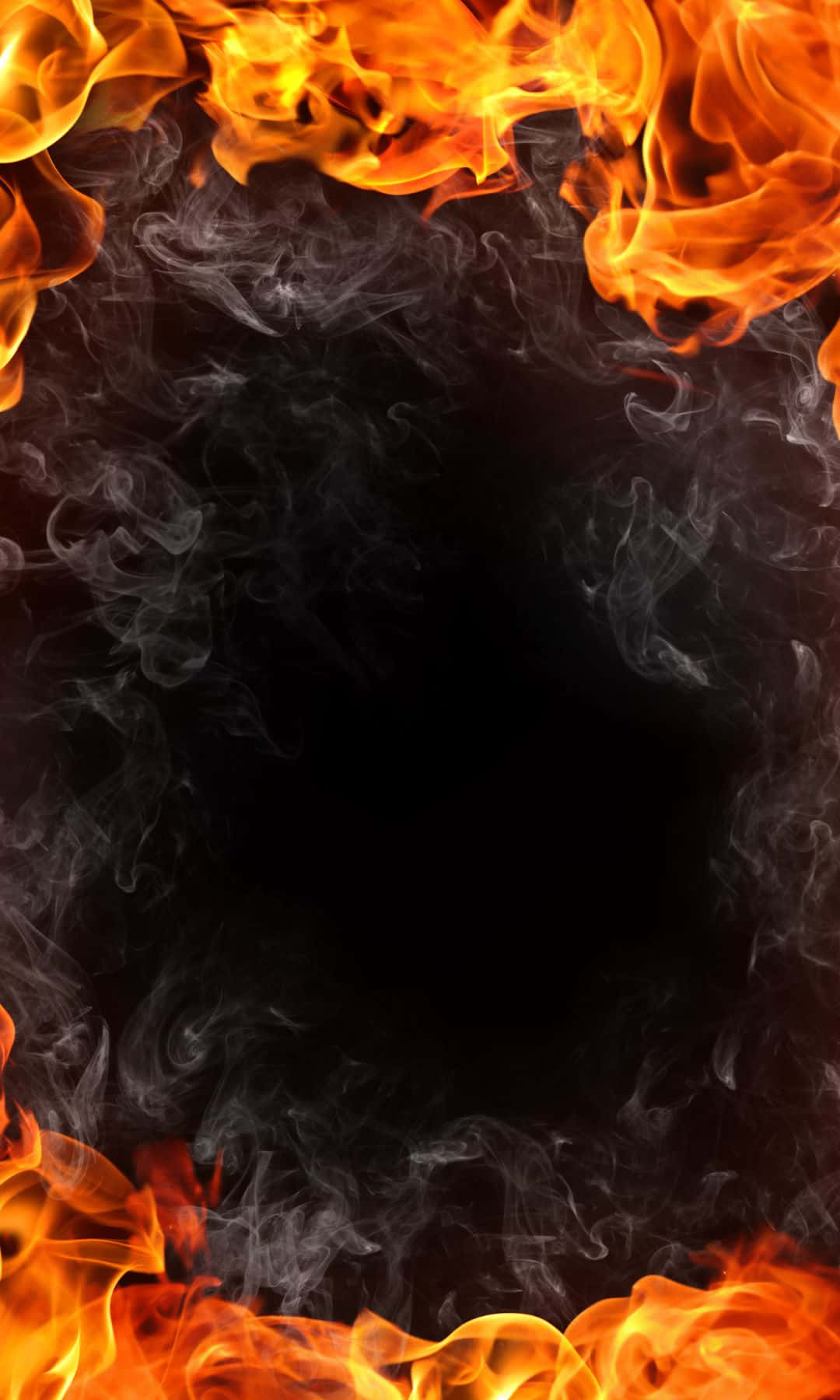 1080x1800 桌布 壁紙 — 鮮豔的橙色火焰和旋轉的煙霧在戲劇性的火焰構圖中框出一個黑暗的中央虛空。