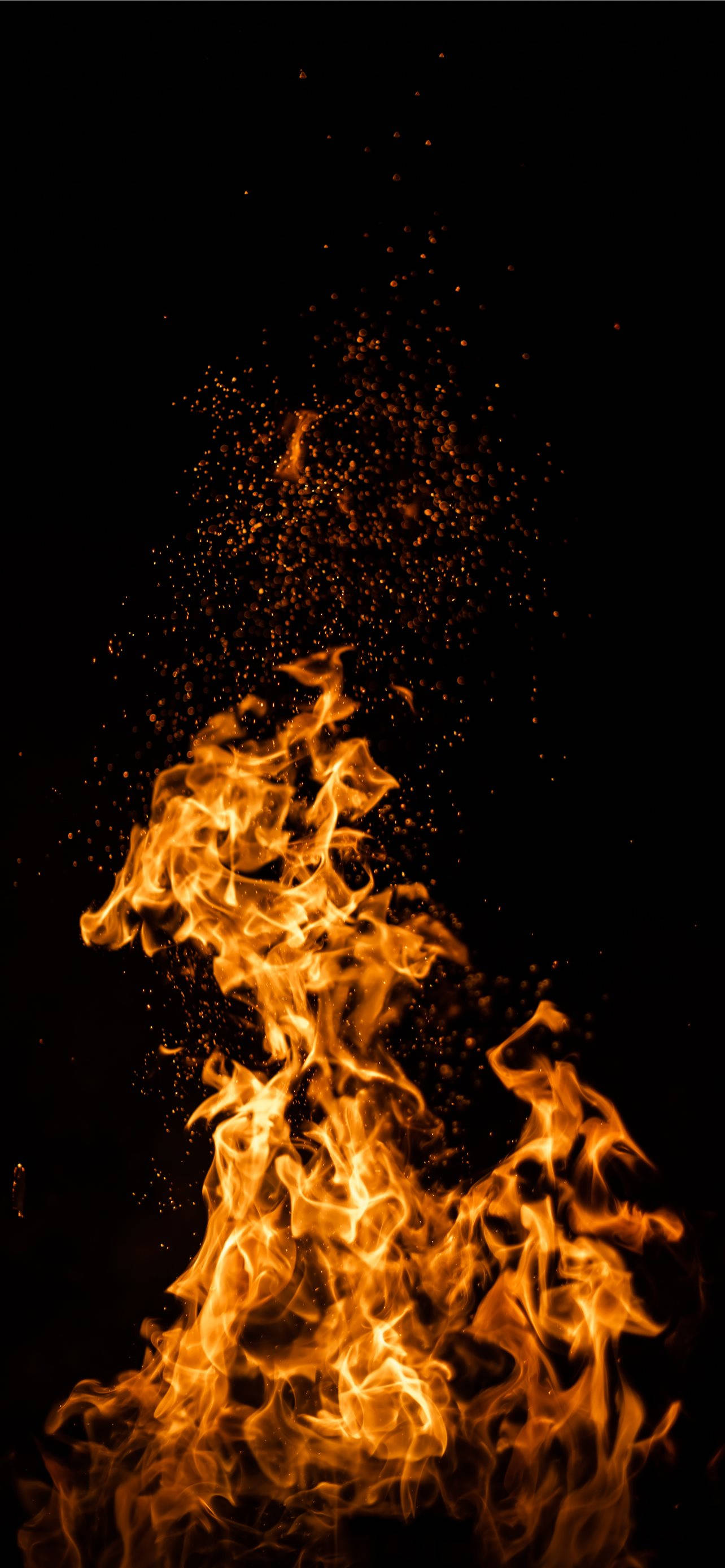 Red Fire 桌布 壁紙 — 鮮豔的橙色火焰在純黑色背景上向上翻湧，上方飄浮著發光的餘燼。