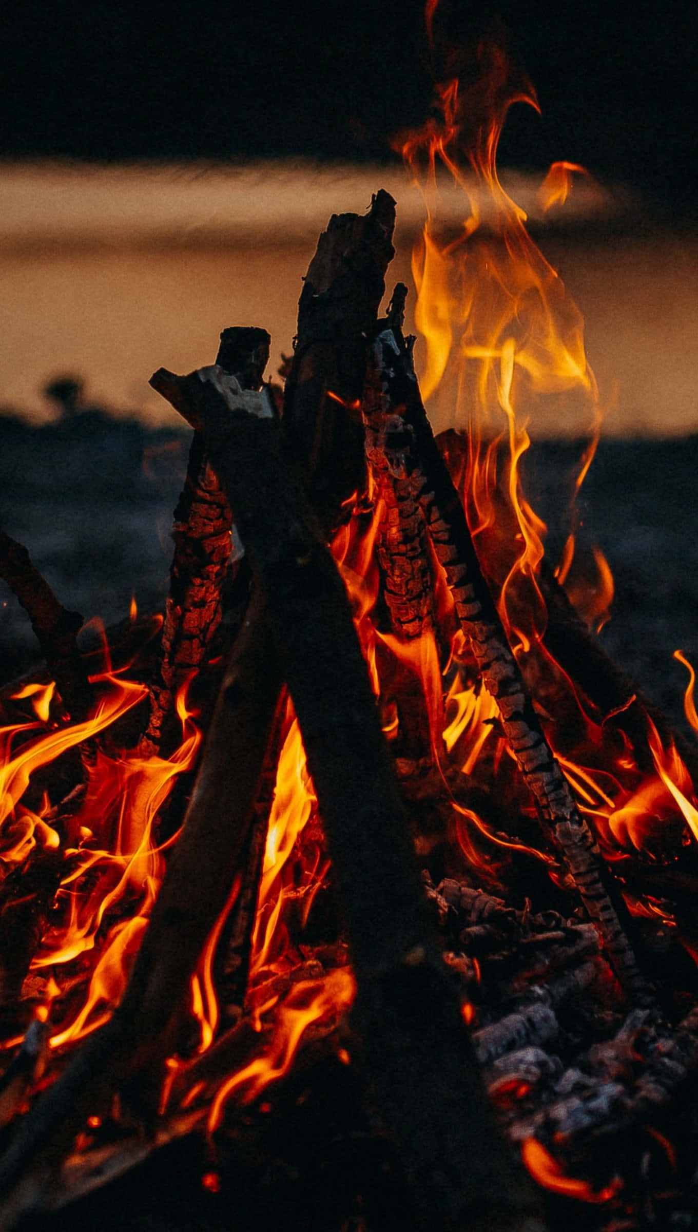 Fall Bonfire 桌布 壁紙 — 鮮豔的橙色火焰從劈啪作響的營火中躍起，映襯著暮色天空。