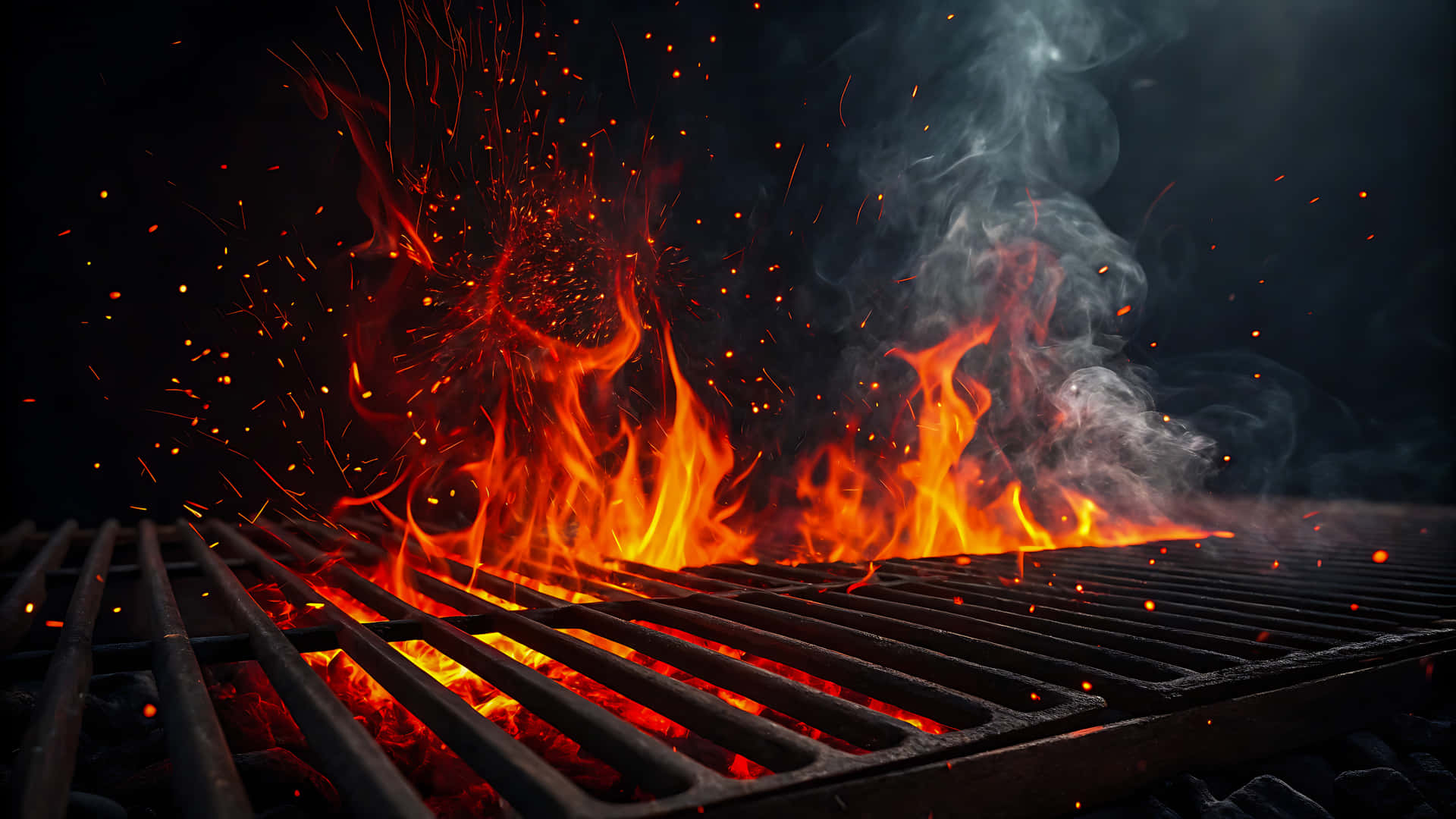 Burning flames rising from a barbecue grill with smoke and sparks 壁紙 — 鮮豔的橙色火焰從熱烤架上躍起，火花四濺，煙霧在黑暗背景中升起。