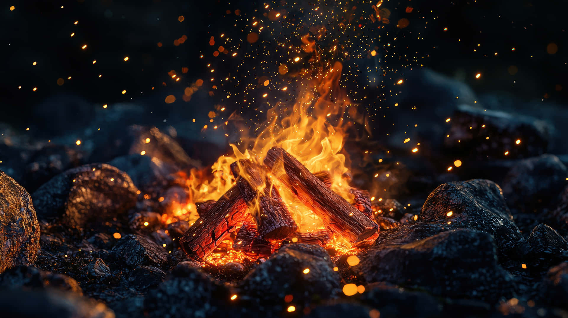 A warm campfire glows in the night, sending sparks into the air while logs burn 壁紙 — 鮮豔的橙色火焰從燃燒的木頭中躍出，周圍環繞著黑色的岩石，金色的火花在黑色背景下向上飛舞。