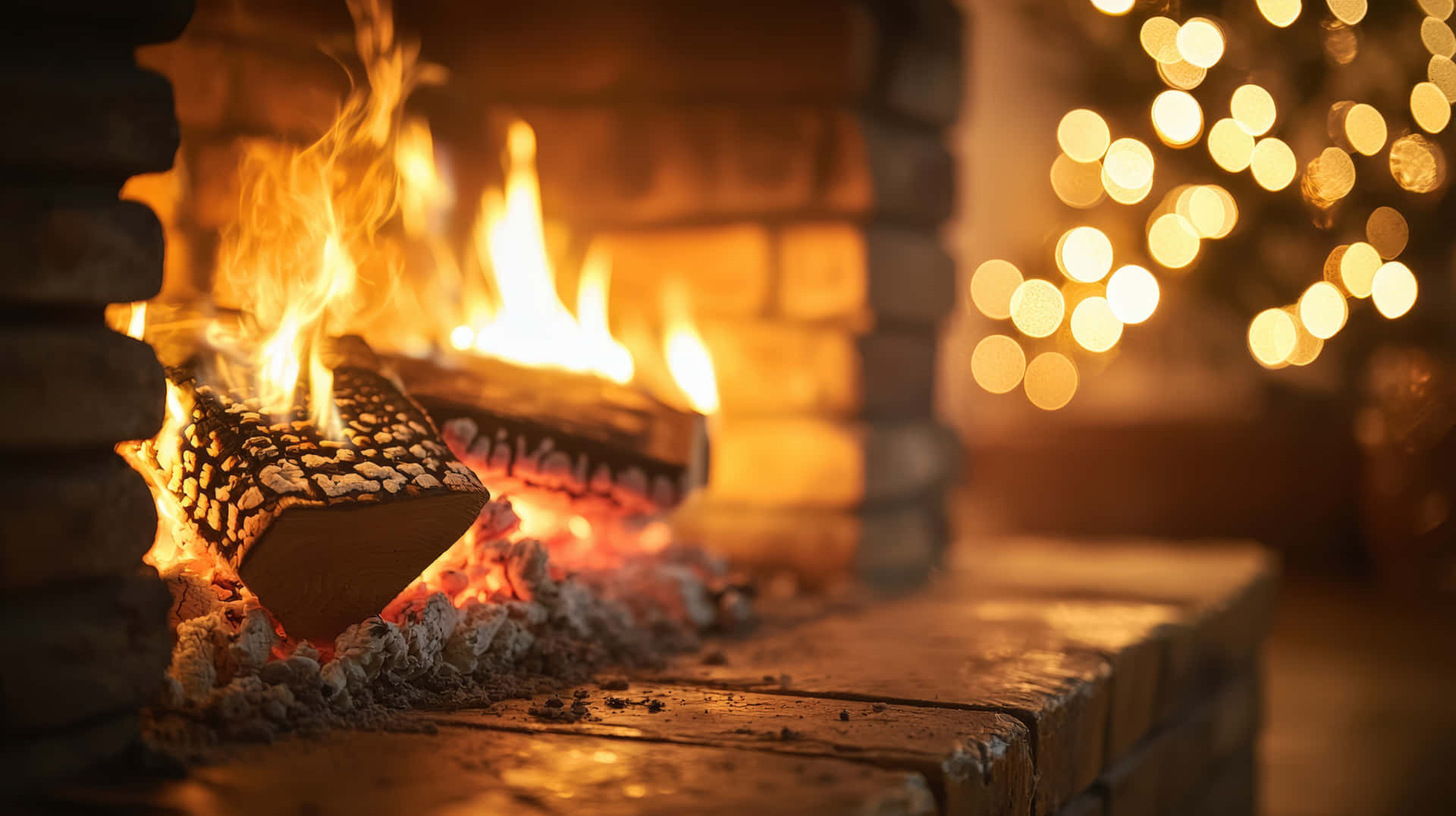Warm Fireplace with Burning Logs and Cozy Atmosphere 壁紙 — 鮮豔的橙色火焰從石壁爐中劈啪作響的木柴上躍起，溫暖的散景燈光在背景中柔和地閃耀。