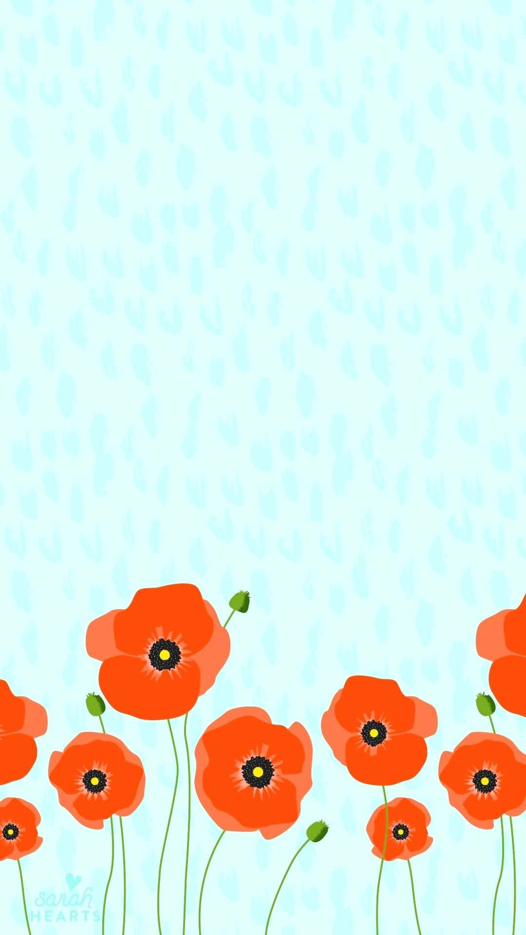 Poppy 桌布 壁紙 — 鮮豔的橙色罌粟花，黑色花心，在柔和的淺藍色背景上，細長的綠色莖上盛開，帶有微妙的葉子圖案。
