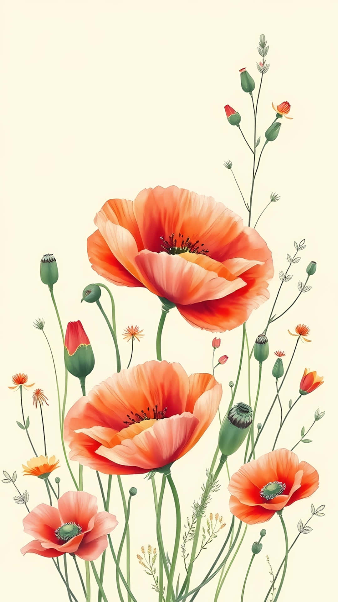 Minimal Poppy Flowers on Soft Cream Background 壁紙 — 鮮豔的橙色罌粟花在柔和的奶油色背景中，在綠色莖和花蕾間優雅綻放。