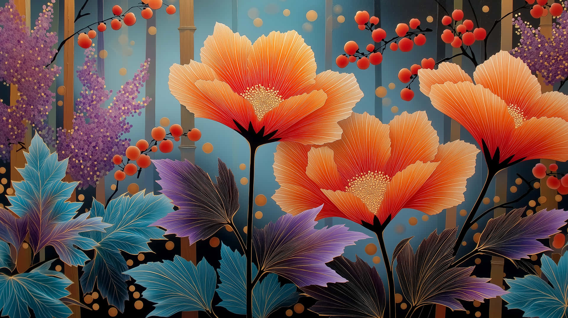 Japanese Style Abstract Painting with Bold Orange Flowers 壁紙 — 鮮豔的橙色罌粟花帶有金色花心，在紫色和藍綠色葉子及紅色漿果之間綻放，背景為藍色圓點。