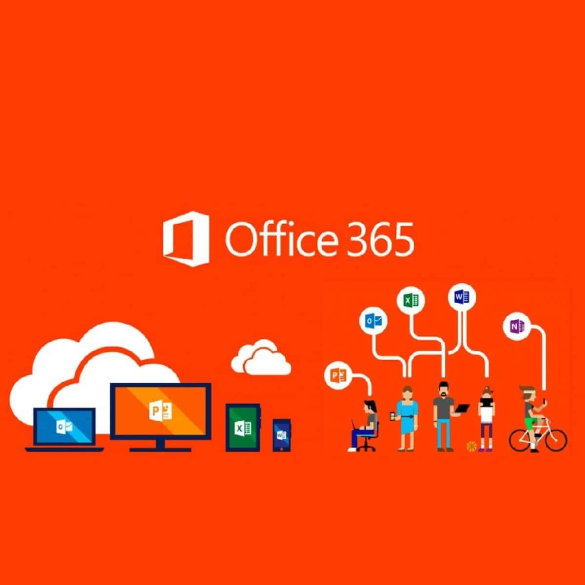Office 365 桌布 壁紙 — 鮮豔的橙色背景，帶有 Office 365 標誌以及使用裝置和雲端連接應用程式的平面圖示。