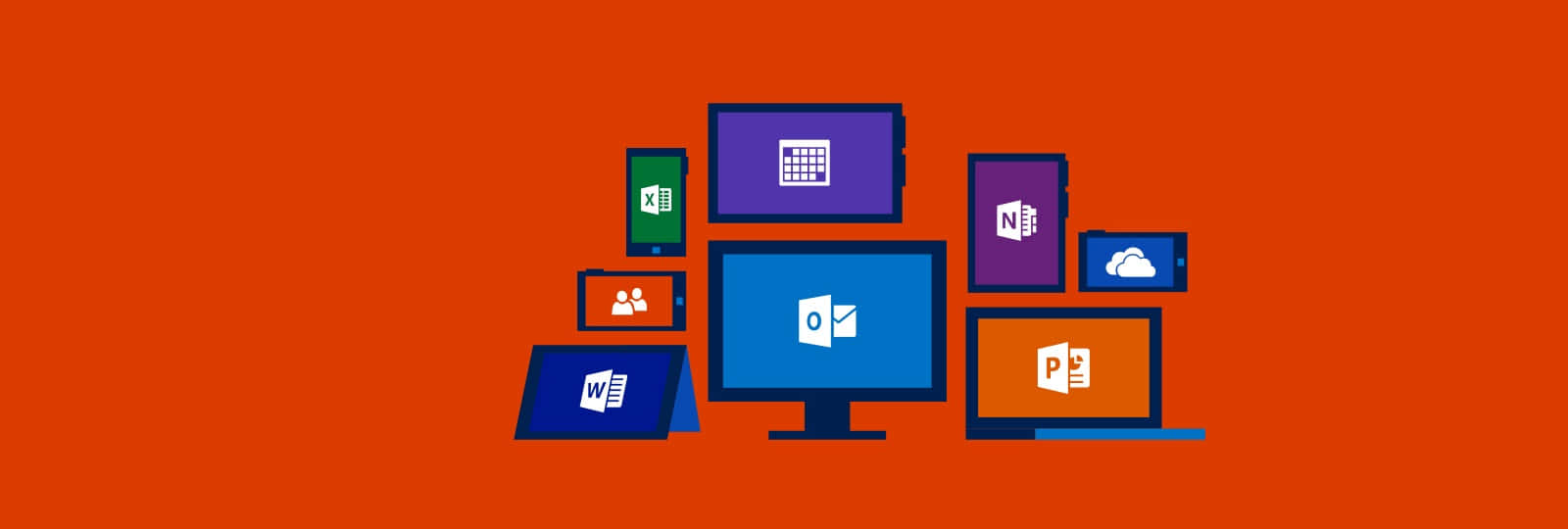 Office 365 桌布 壁紙 — 鮮豔的橙色背景，帶有扁平設計的 Microsoft Office 應用程式圖示，圍繞中央顯示器漂浮。