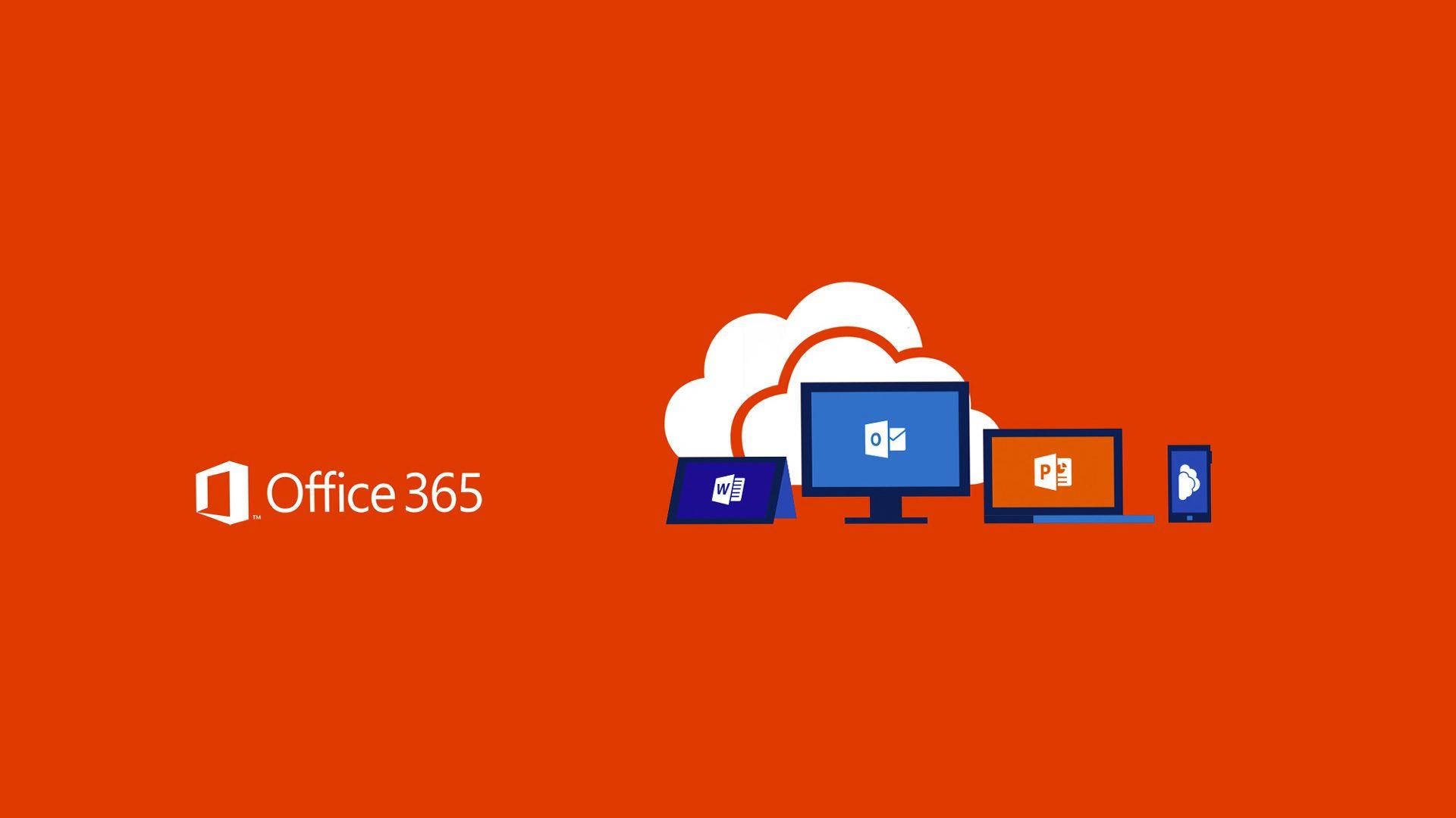 Office 365 桌布 壁紙 — 鮮豔的橙色背景，帶有白色雲朵和裝置上的 Office 365 應用程式。