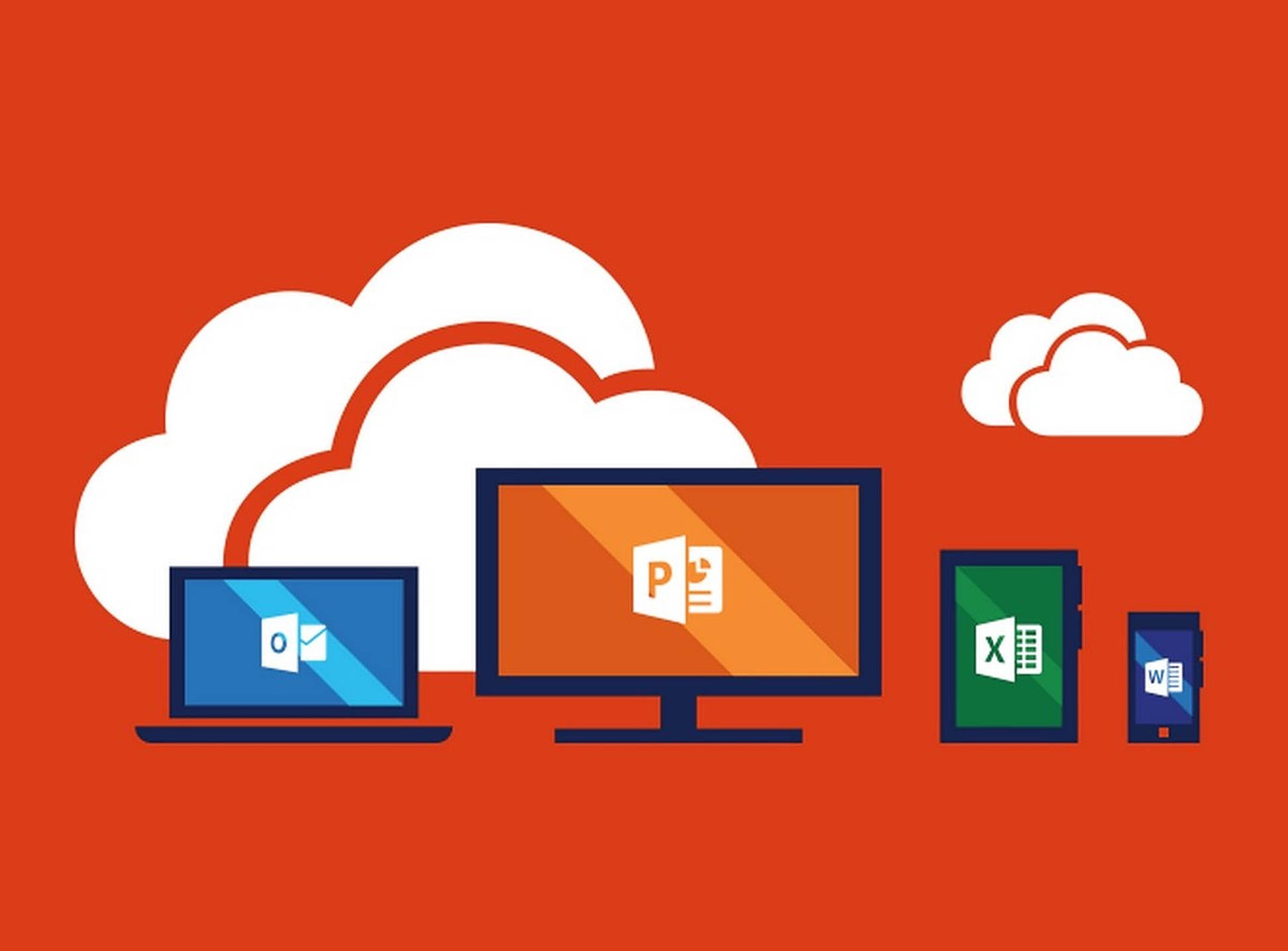 Office 365 桌布 壁紙 — 鮮豔的橙色背景，風格化裝置在白色雲朵下顯示 Microsoft Office 應用程式。