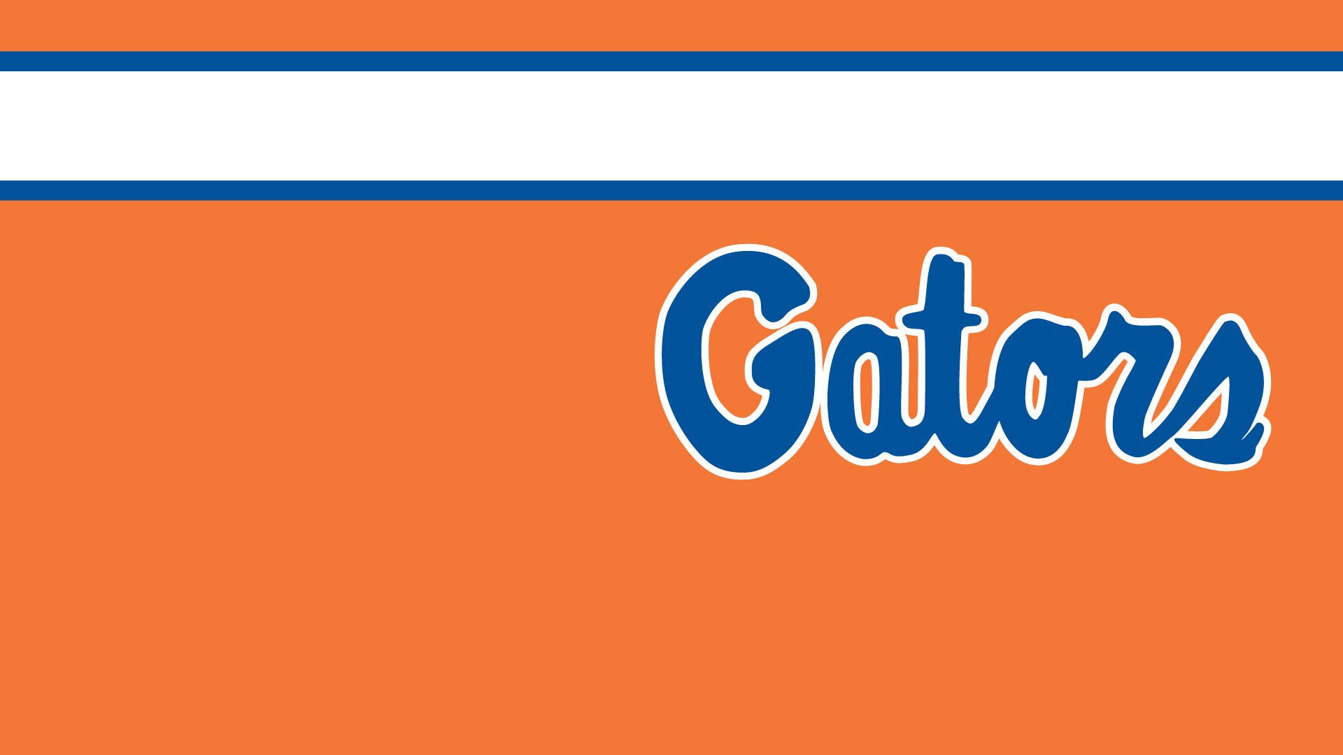 florida 桌布 壁紙 — 鮮豔的橙色背景上帶有白色輪廓的粗體藍色 'Gators' 文字，並以藍白條紋框住。