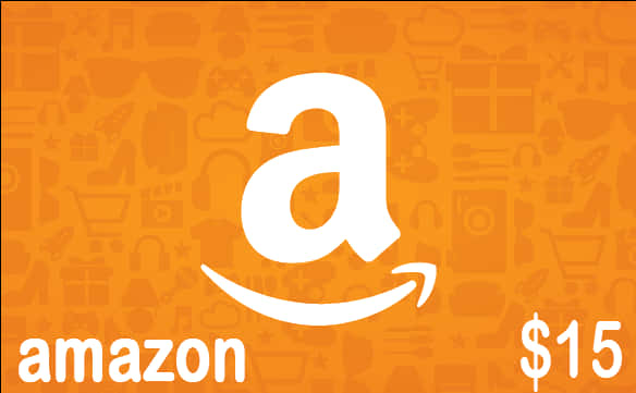 亞馬遜 桌布 壁紙 — 鮮豔的橙色背景上顯示白色Amazon標誌，帶有微笑箭頭和15美元禮品卡價值。