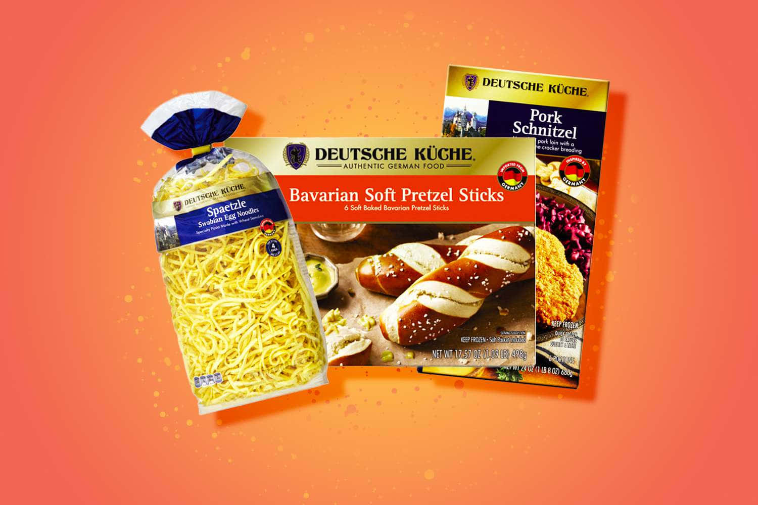 German 桌布 壁紙 — 鮮豔的橙色背景展示兩款德國食品包裝：黃色德式麵疙瘩麵條和芝麻軟椒鹽捲餅條。