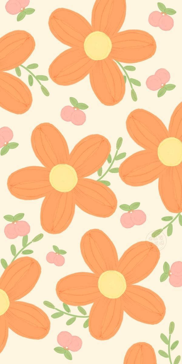 cute girly phone 桌布 壁紙 — 鮮豔的橙色花朵，黃色花心和粉紅色果實，在綠色莖上，重複排列在柔和的奶油色背景上。