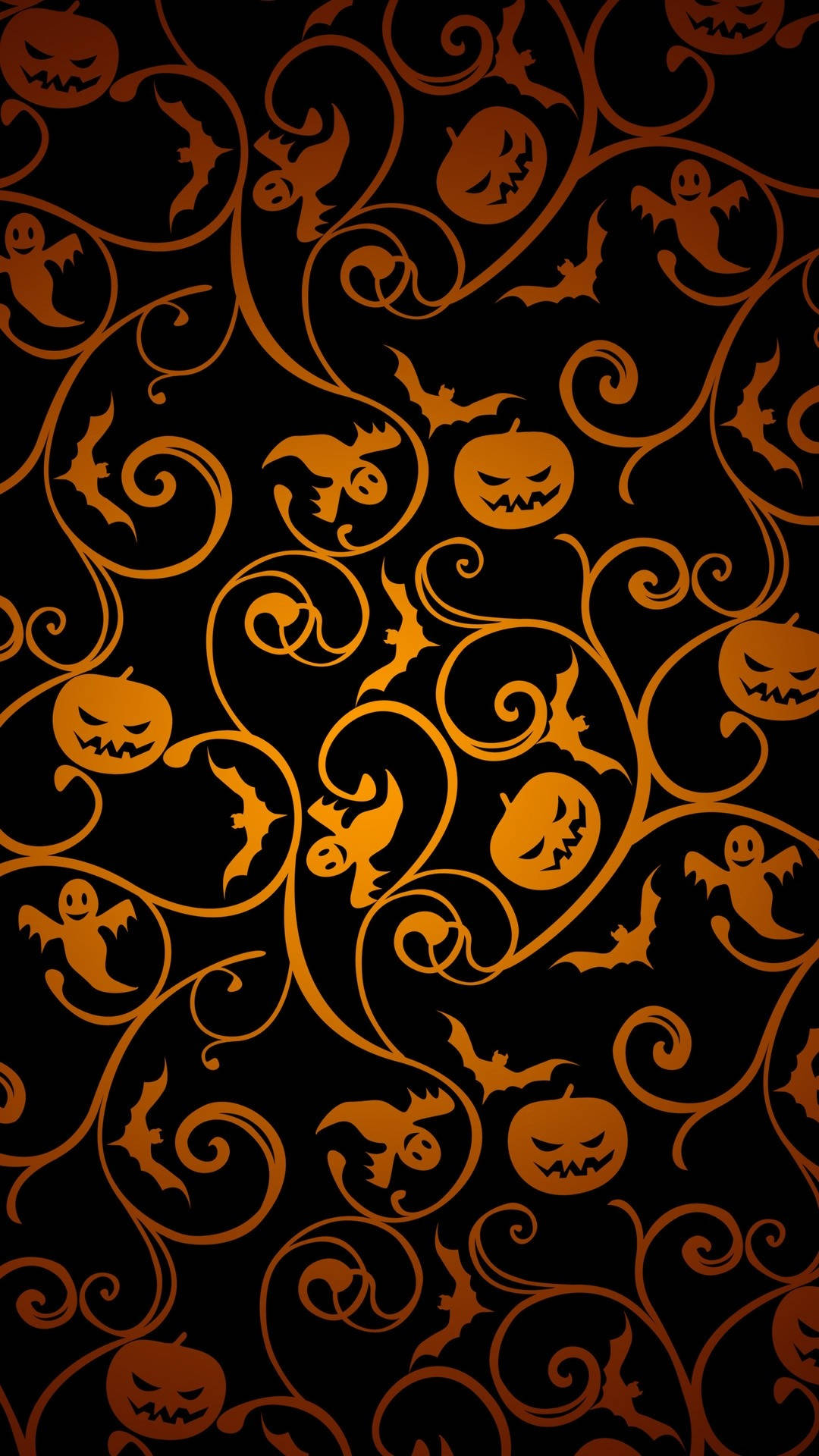 Halloween iPhone 桌布 壁紙 — 鮮豔的橙色萬聖節圖案，如南瓜、蝙蝠和鬼魂，在黑色背景上旋轉，形成節日圖案。