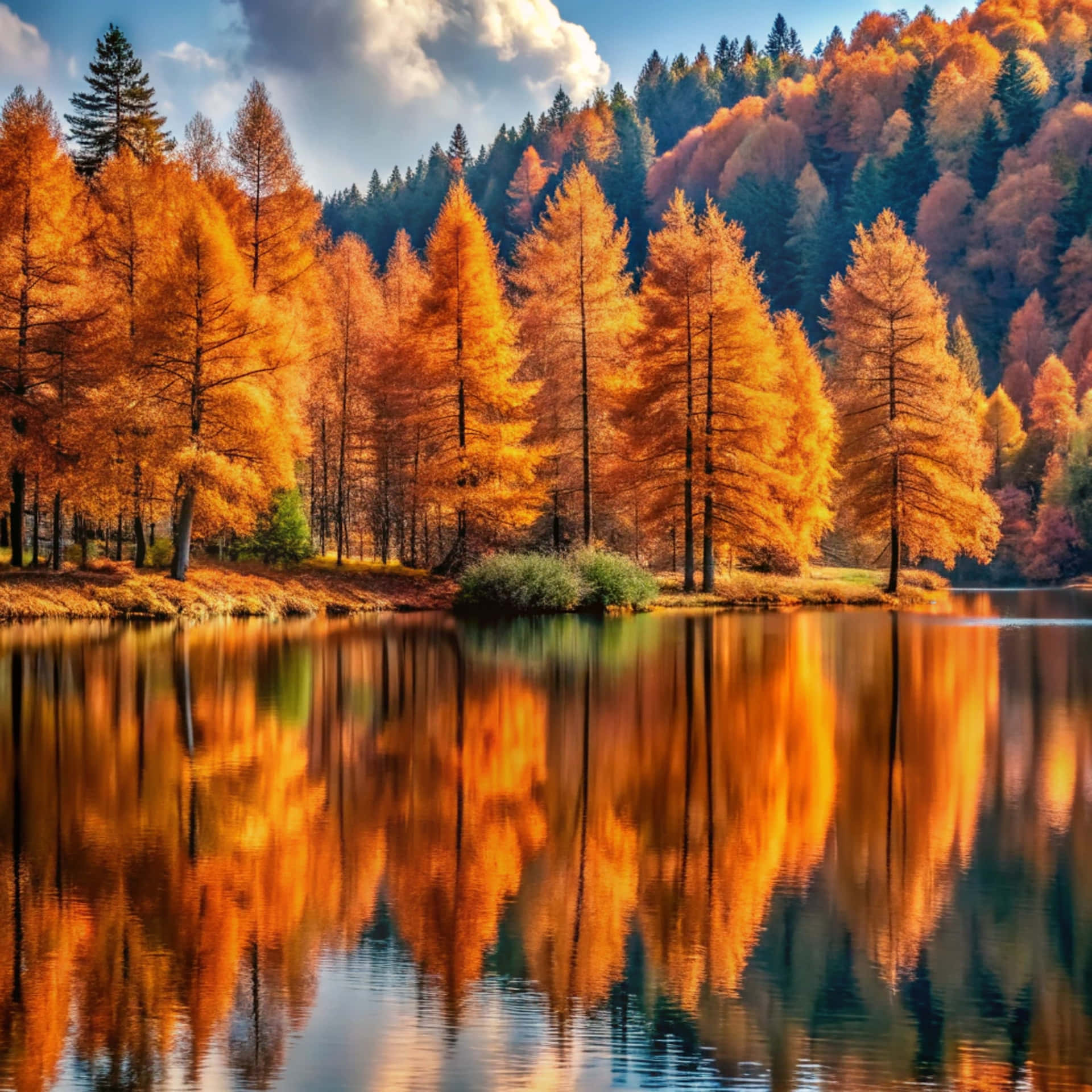 Brown trees next to the lake 壁紙 — 鮮豔的橙色落葉松排列在平靜的湖邊，映照出它們火紅的秋色，背景是藍天和蓬鬆的雲朵。