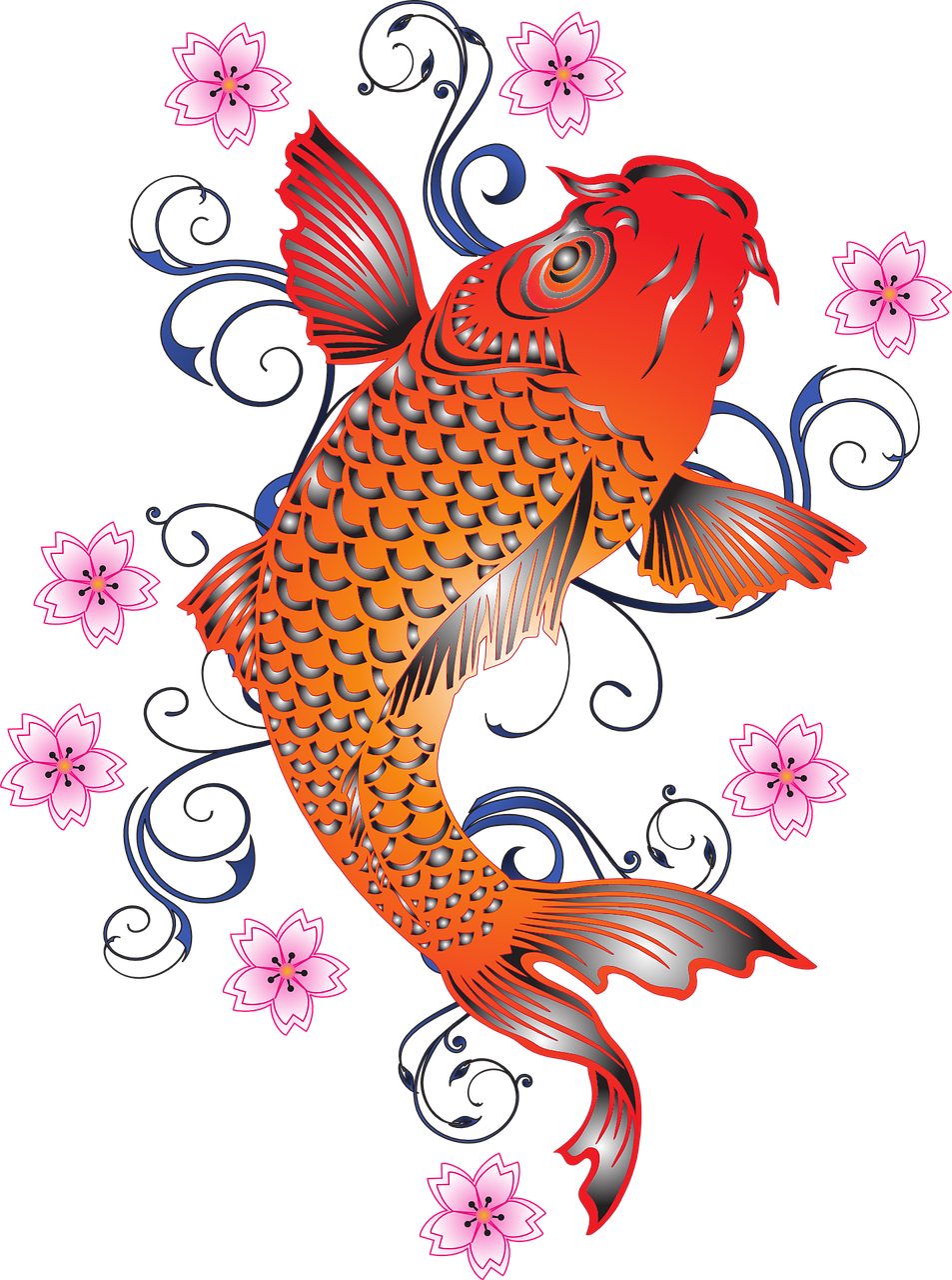 koi 桌布 壁紙 — 鮮豔的橙色金屬鱗片錦鯉在黑色背景上，伴隨著粉紅色的櫻花和藍色漩渦優雅地游動。
