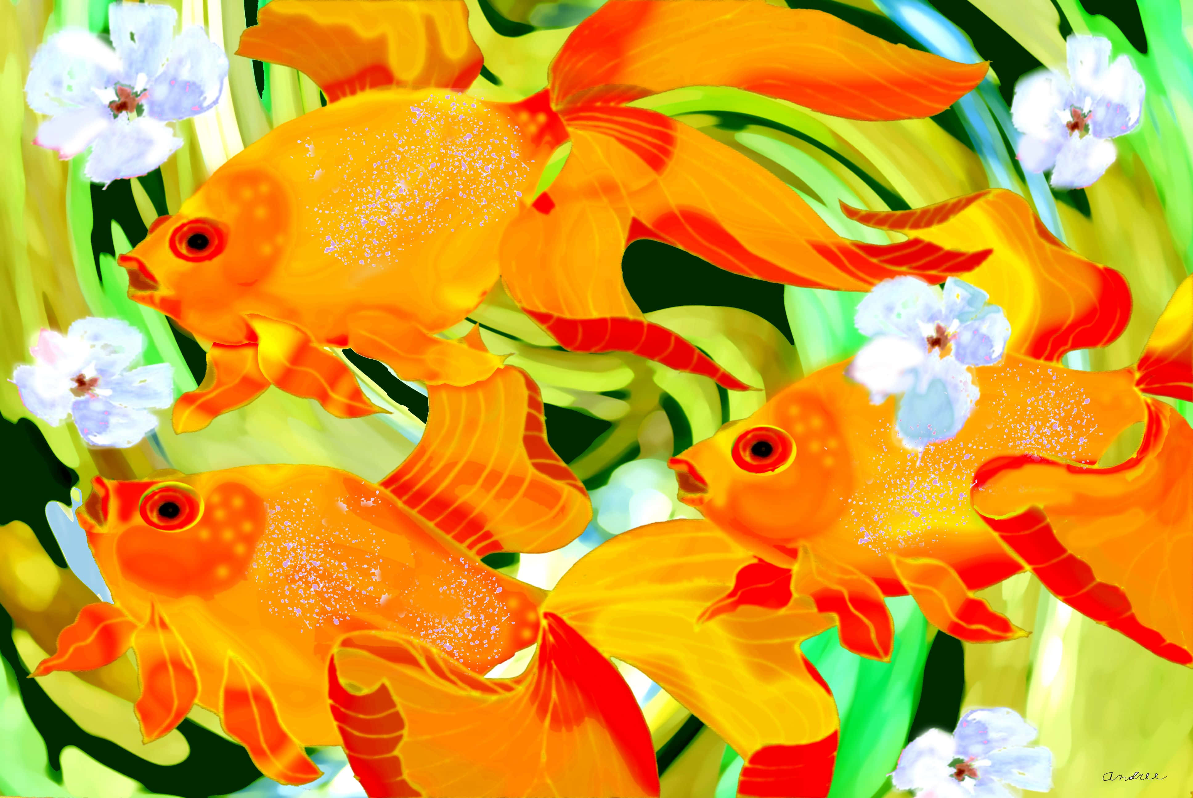 Goldfish 桌布 壁紙 — 鮮豔的橙色金魚在陽光照射的水族箱中，在茂密的綠色水生植物和精緻的白色花朵之間優雅地游動。