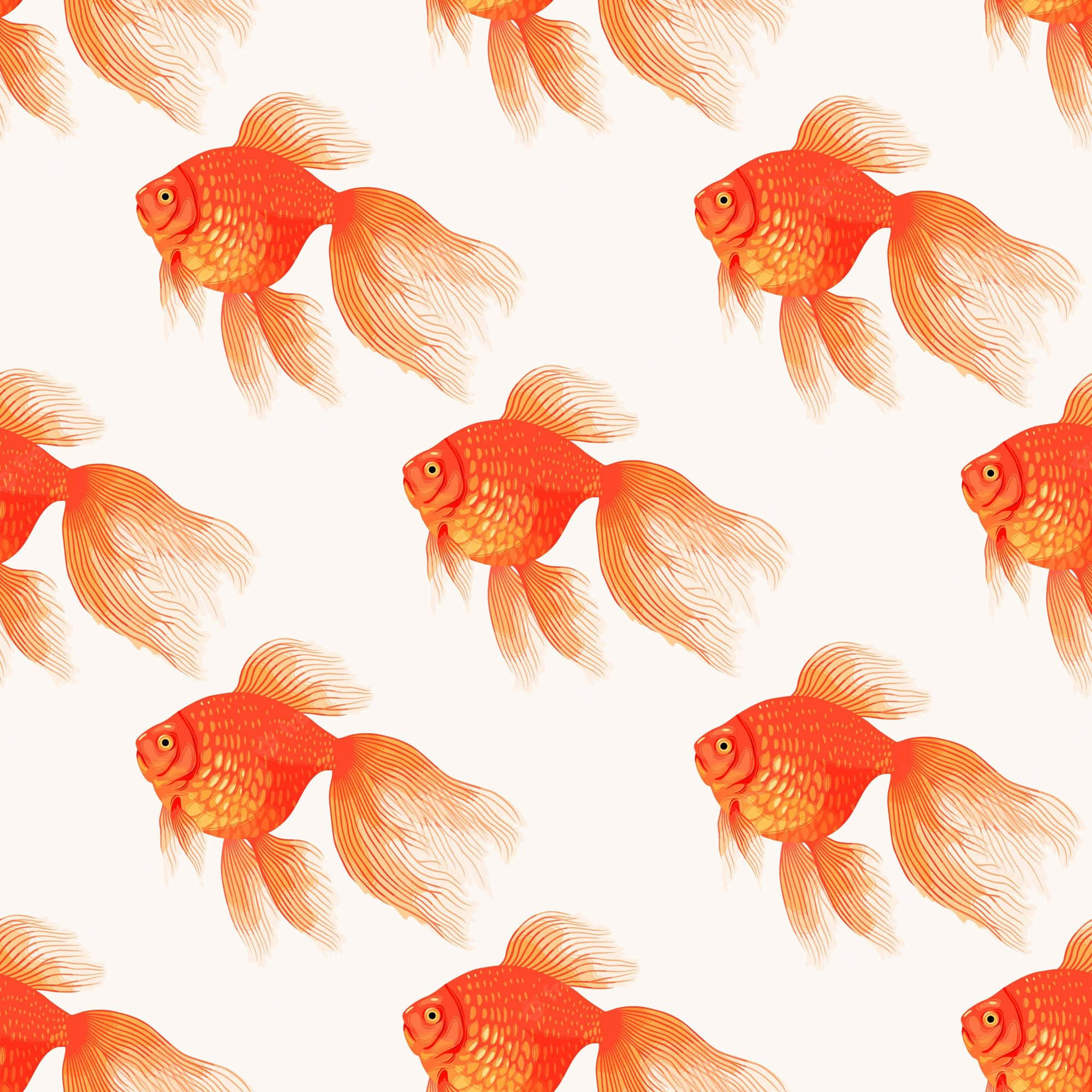Goldfish 桌布 壁紙 — 鮮豔的橙色金魚擺動流暢的魚鰭，在柔和的奶油色背景上以重複圖案游動。