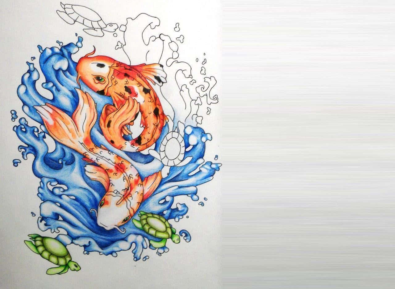 Koi Fish 桌布 壁紙 — 鮮豔的橙色錦鯉在動態的藍色水中跳躍，伴隨著綠色烏龜和太陽圖案，呈現色彩繽紛的插圖。