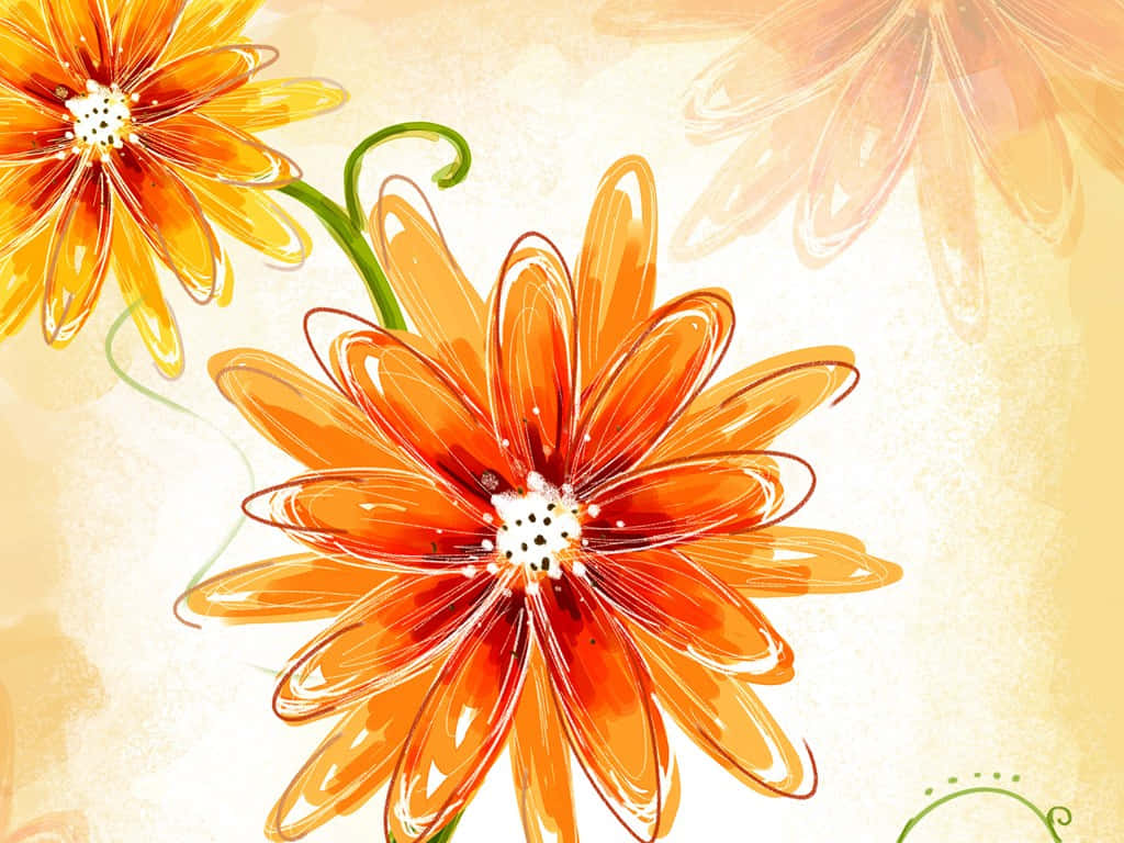 Watercolor Flowers 桌布 壁紙 — 鮮豔的橙色雛菊帶有細膩的筆觸輪廓，在溫暖的紋理米色背景上綻放。