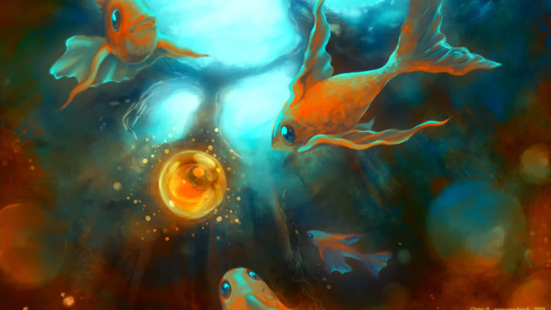 Goldfish 桌布 壁紙 — 鮮豔的橙色魚在發光的宇宙星雲中游動，周圍有漂浮的球體和燦爛的藍光。