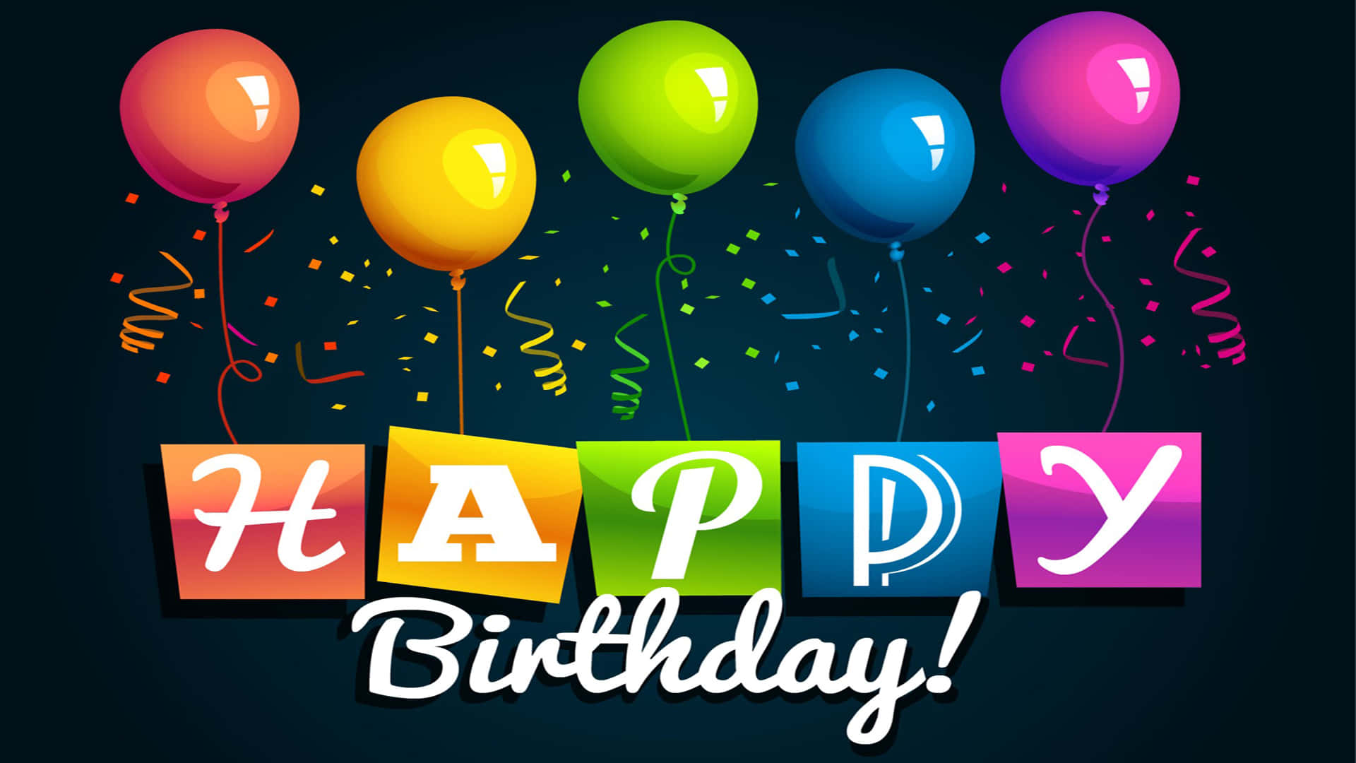 High Resolution Happy Birthday 桌布 壁紙 — 鮮豔的氣球和五彩紙屑漂浮在深色背景上拼出「HAPPY Birthday!」的彩色塊狀字母上方。