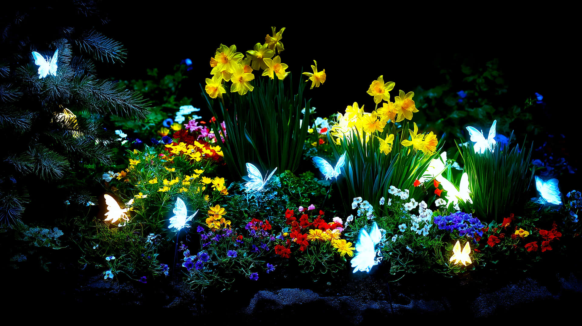 Glowing Butterfly Garden 壁紙 — 鮮豔的水仙花和色彩繽紛的花朵在夜燈下發光，黑暗的花園中有發光的蝴蝶裝飾。