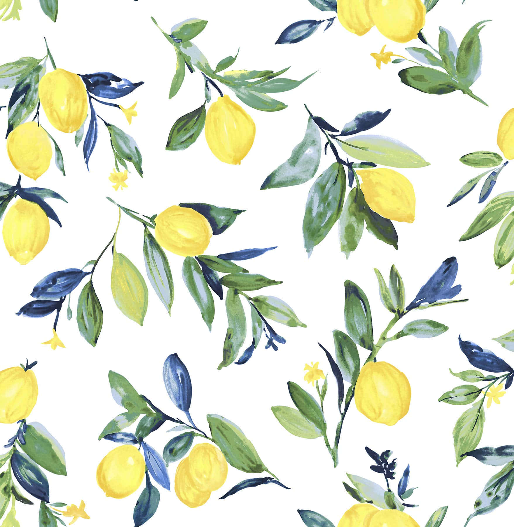 Lemon iPhone 桌布 壁紙 — 鮮豔的水彩檸檬和綠葉散落在潔淨的白色背景上，形成重複圖案。