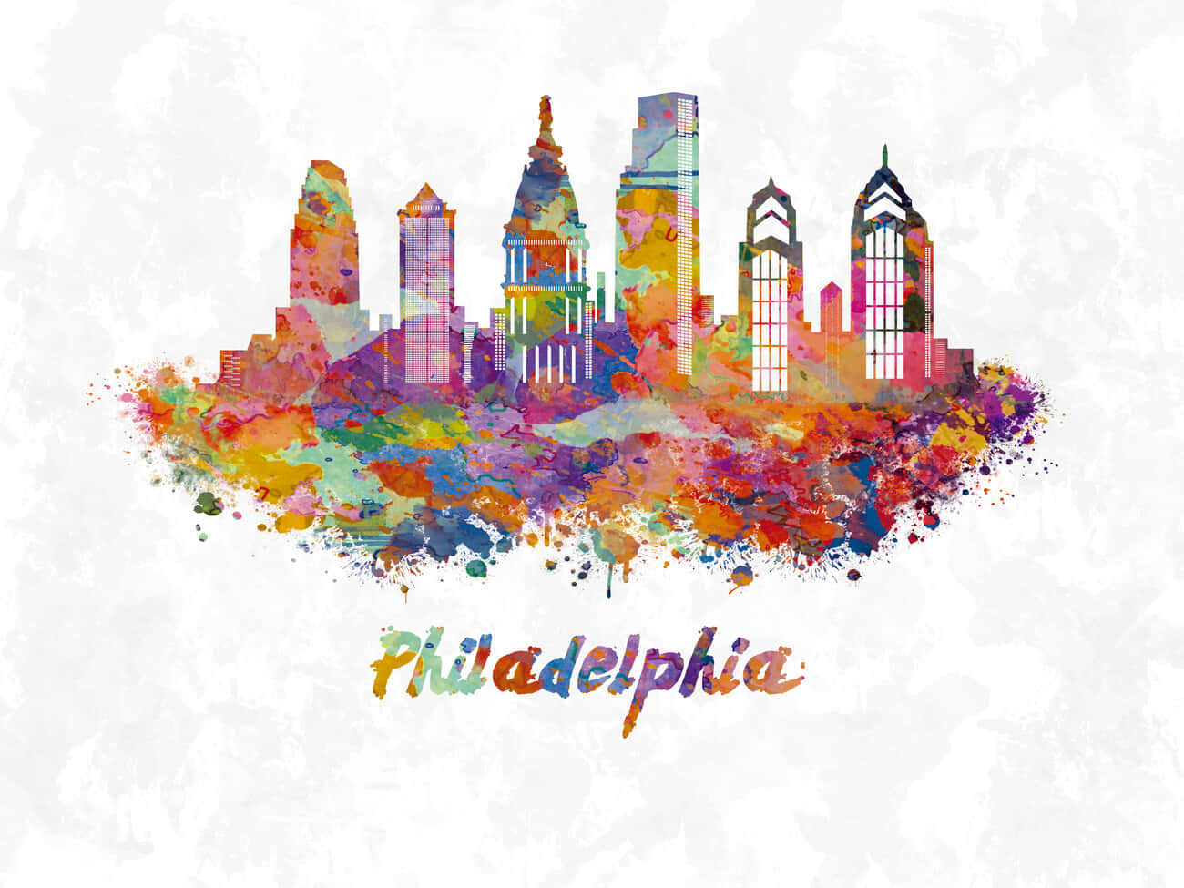 Philadelphia Skyline 桌布 壁紙 — 鮮豔的水彩潑濺在紋理白色背景上形成費城天際線，建築物色彩繽紛。