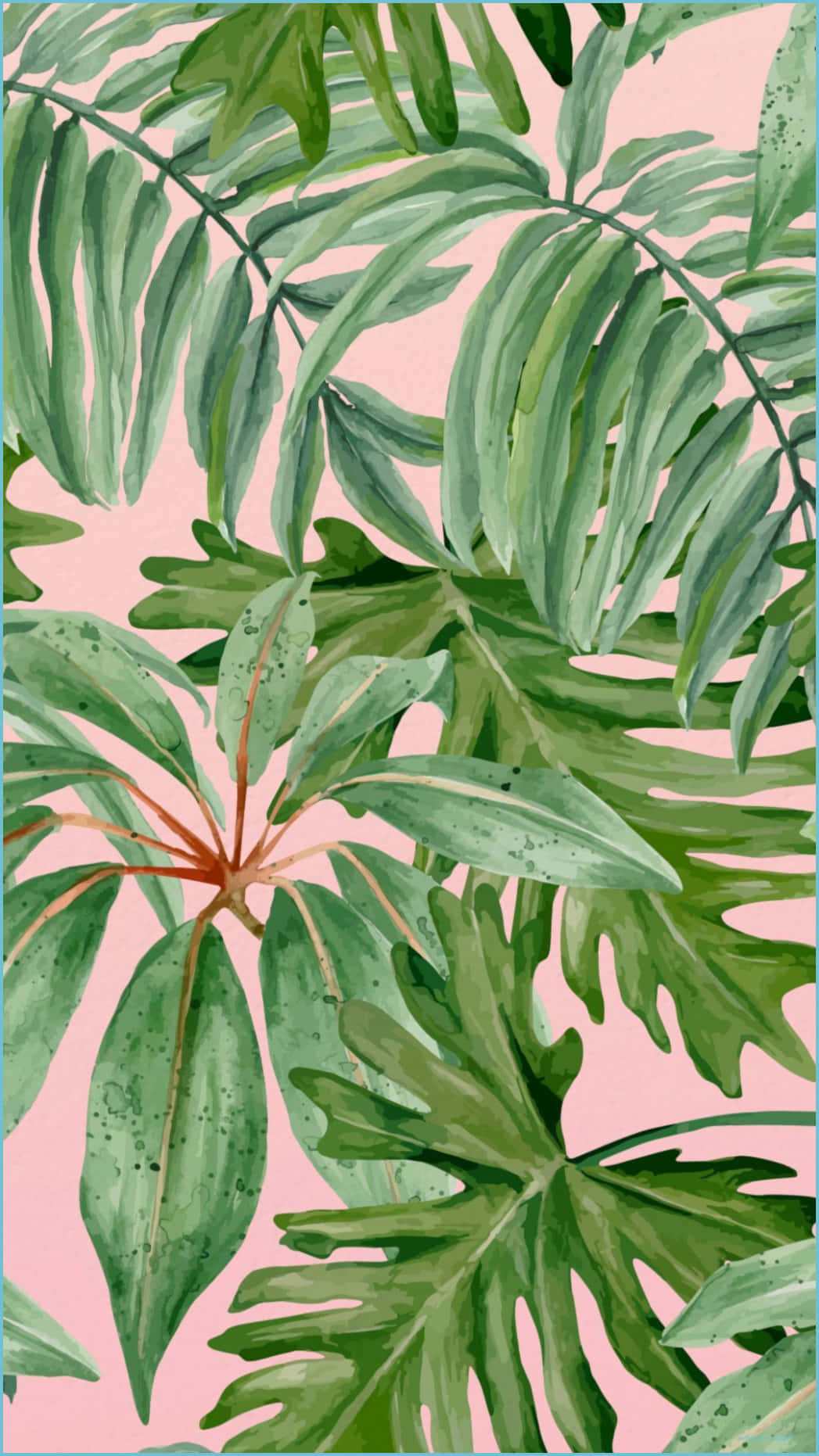 桌布 壁紙 — 鮮豔的水彩熱帶葉子，呈現不同深淺的綠色，襯托柔和的粉紅色背景。