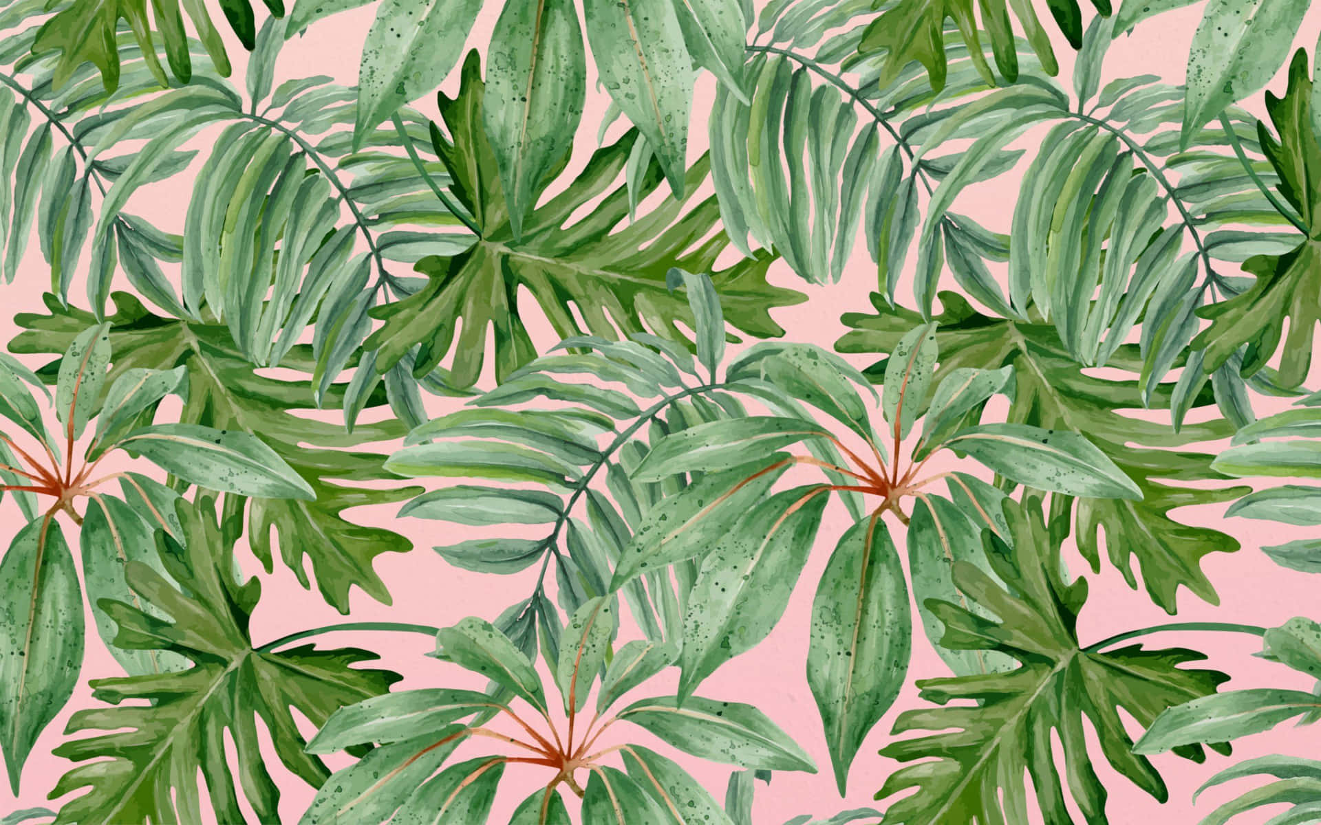 Aesthetic Leaf 桌布 壁紙 — 鮮豔的水彩熱帶葉子以不同深淺的綠色重疊在柔和的粉紅色背景上。