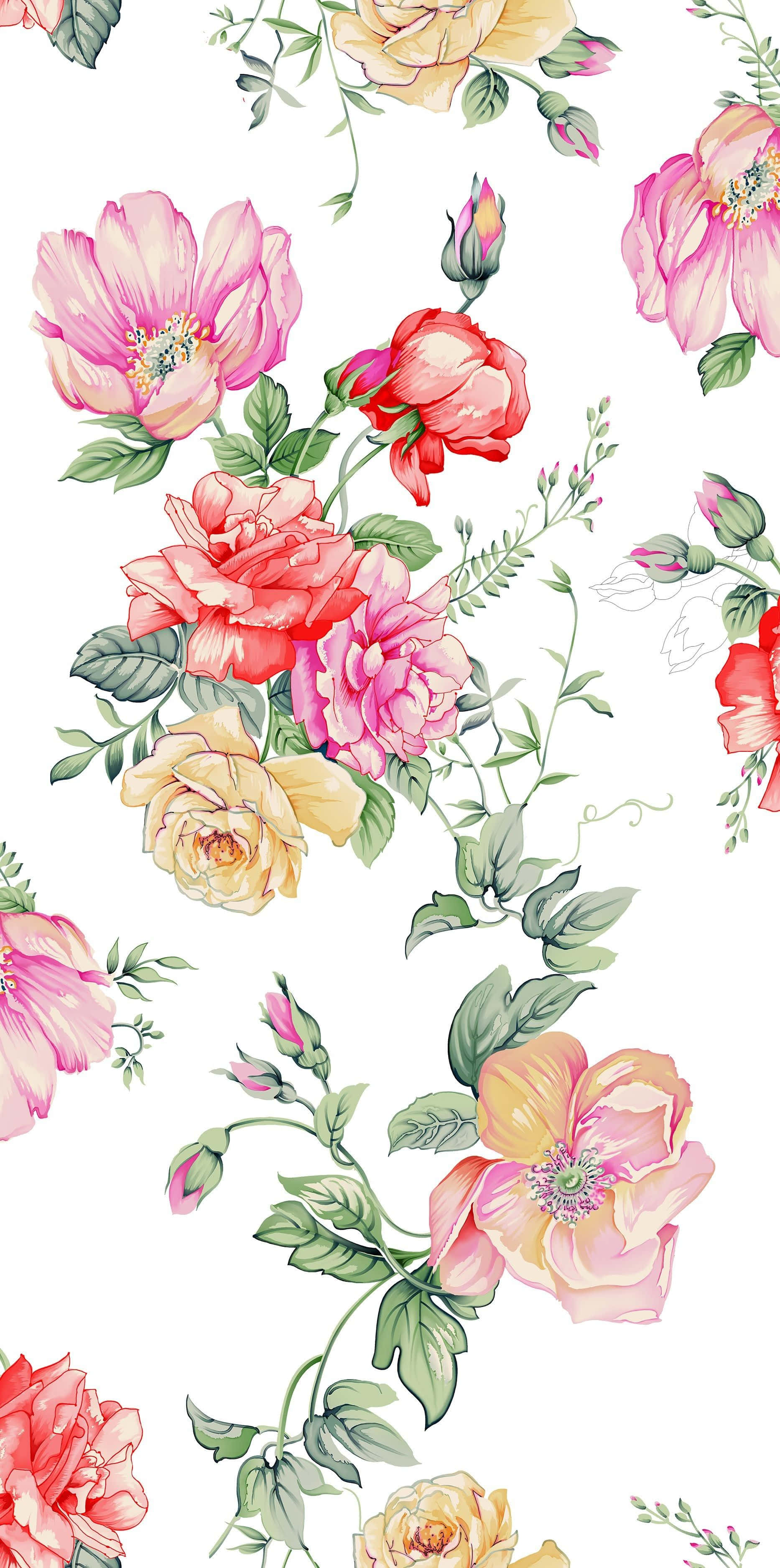 Flower Art 桌布 壁紙 — 鮮豔的水彩玫瑰和花蕾以粉紅、珊瑚和黃色在潔淨的白色背景上優雅綻放。