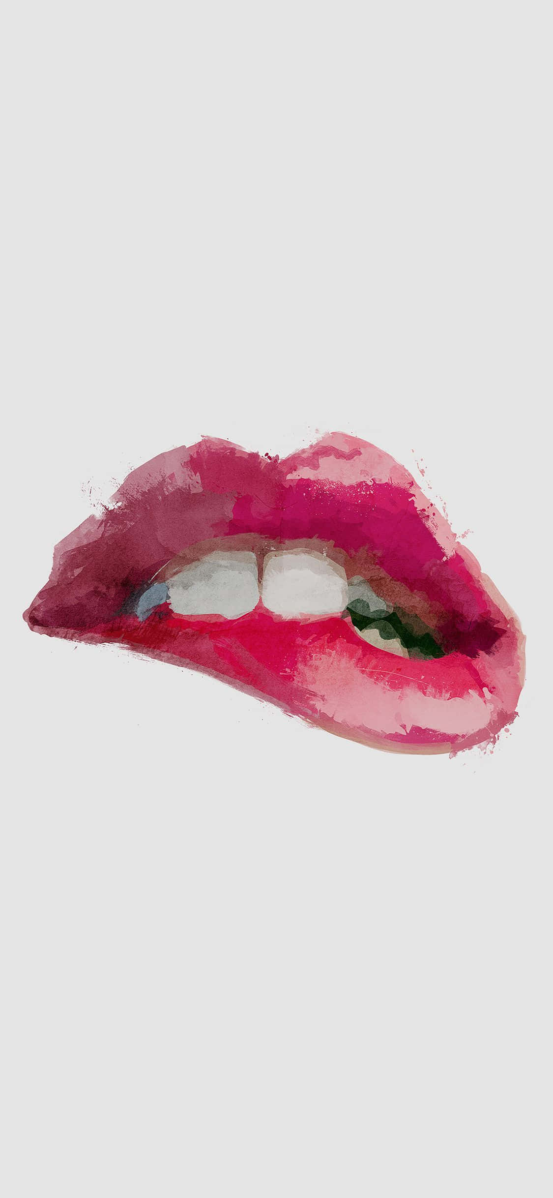 red lips 桌布 壁紙 — 鮮豔的水彩畫，描繪光澤的粉紅嘴唇微微張開，露出白色牙齒，背景為淺灰色。