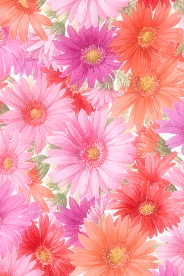 Daisy 桌布 壁紙 — 鮮豔的水彩粉紅珊瑚和洋紅色非洲菊雛菊在明亮的白色背景上密集綻放。