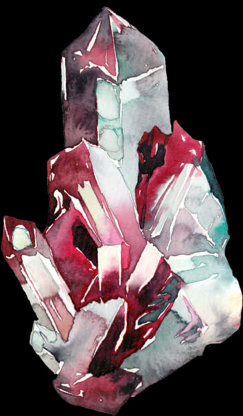 Gemstones 桌布 壁紙 — 鮮豔的水彩紅色和青色水晶在漆黑的背景上發光，邊緣柔和暈染。