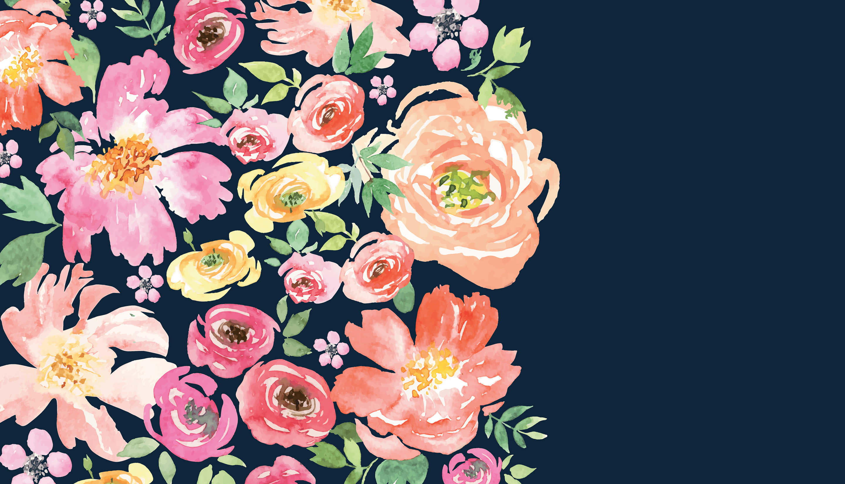 Flowers 桌布 壁紙 — 鮮豔的水彩花卉，以粉紅、黃色和橙色綻放，襯托深海軍藍背景。