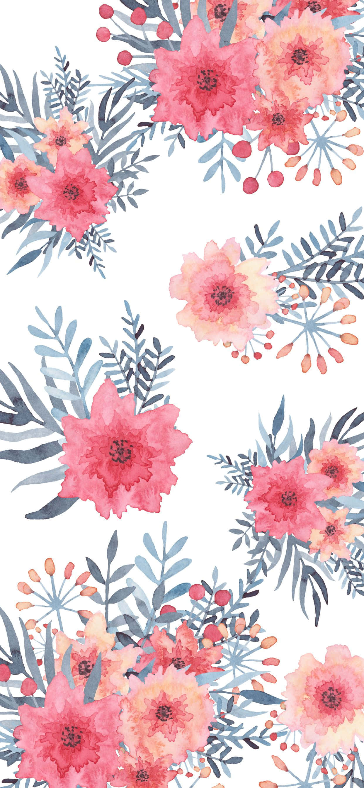 Cute Spring iPhone 桌布 壁紙 — 鮮豔的水彩花卉和葉子在珊瑚粉和藍綠色中綻放在潔白的背景上。