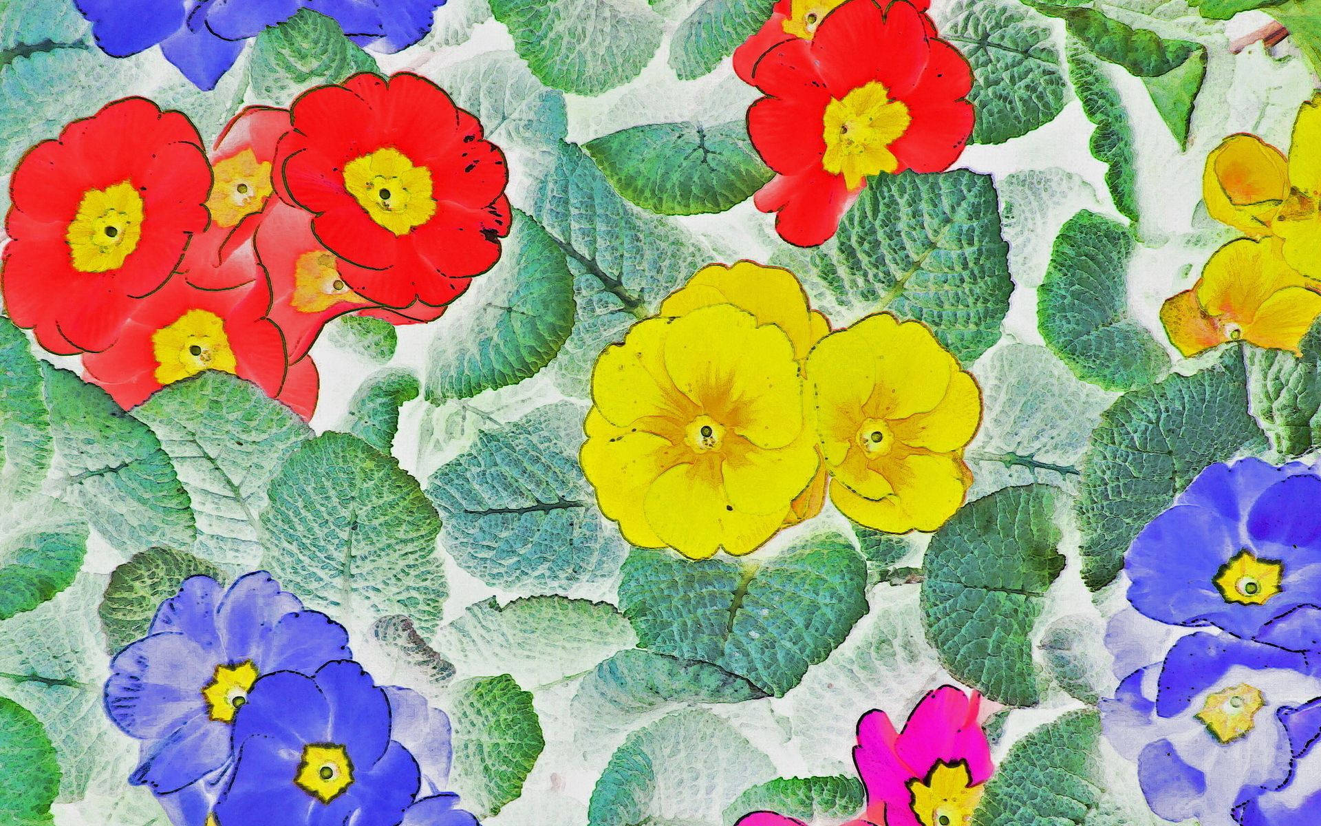 彩色動畫 桌布 壁紙 — 鮮豔的水彩花朵，以紅、黃、藍色綻放，襯托著紋理豐富的綠葉，背景為淺色。