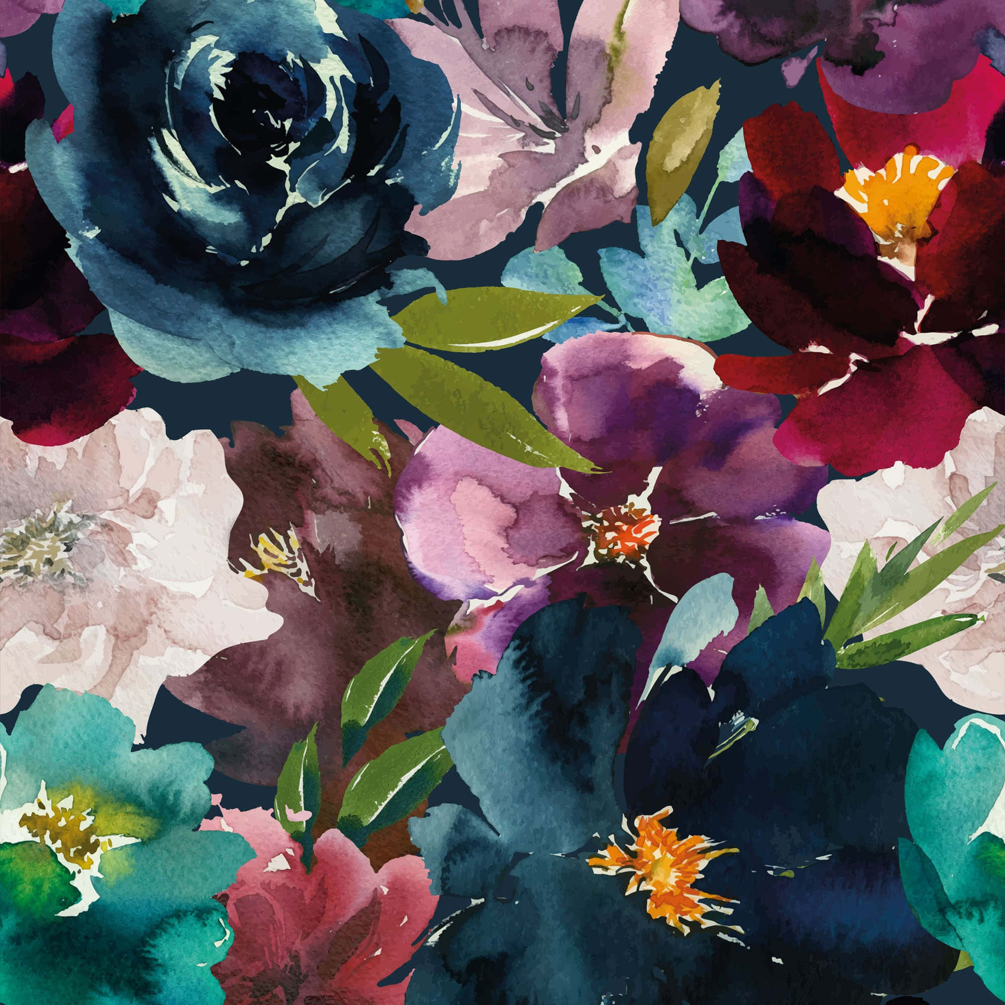 Burgundy Flower 桌布 壁紙 — 鮮豔的水彩花朵，深藍、紫和粉紅色，在深色背景上綻放，搭配綠色葉子。