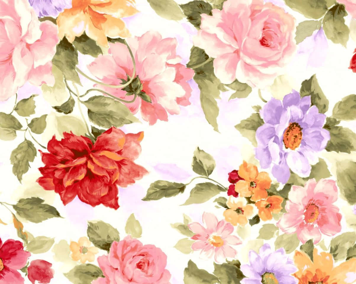 tumblr 花朵 桌布 壁紙 — 鮮豔的水彩花朵，粉紅、紅、紫、橙色，在柔和的白色背景上綻放，搭配綠色葉子。