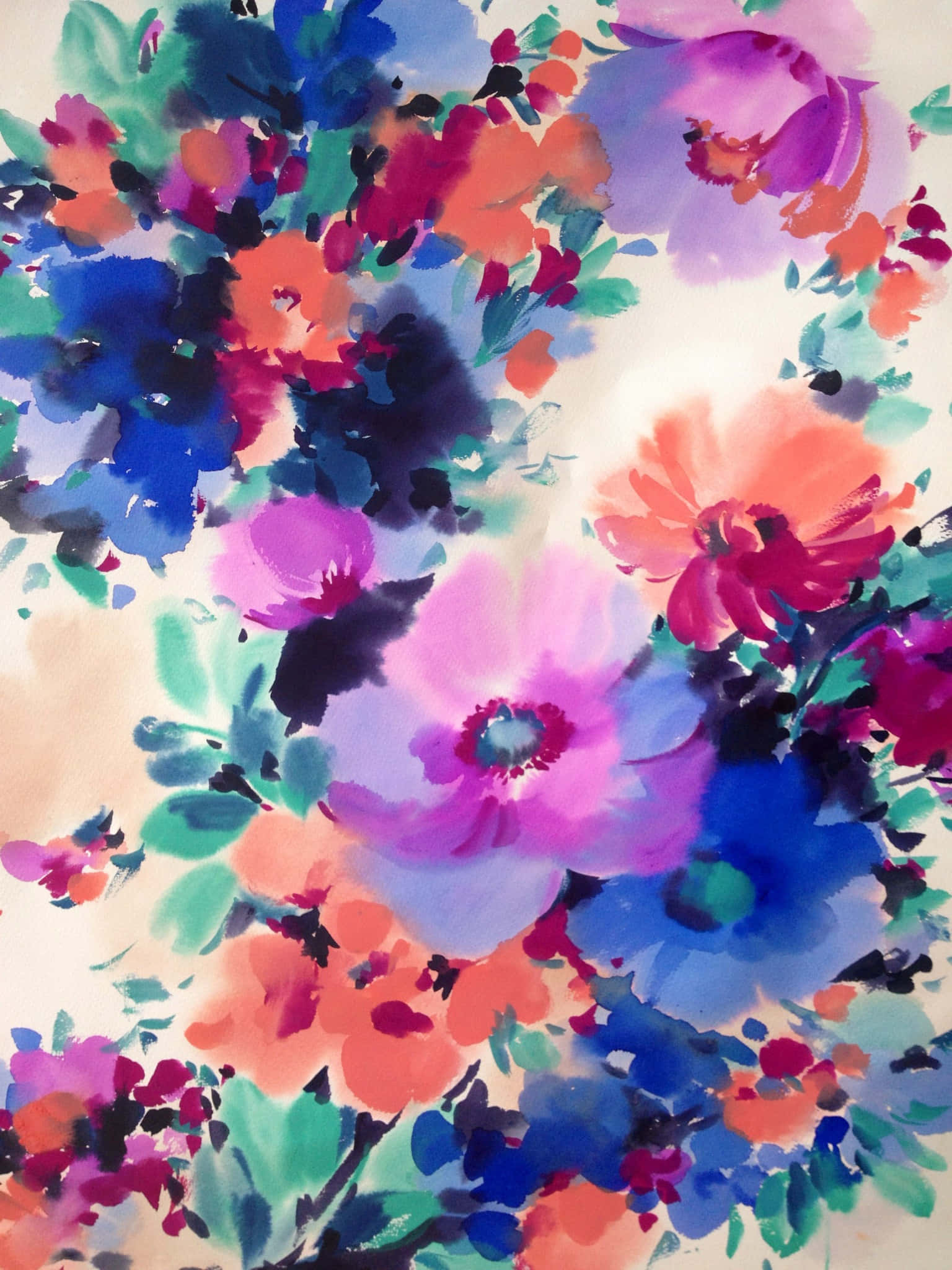 High Resolution Watercolor 桌布 壁紙 — 鮮豔的水彩花朵以大膽的藍色、粉紅色和橙色在柔和的奶油色背景上綻放。
