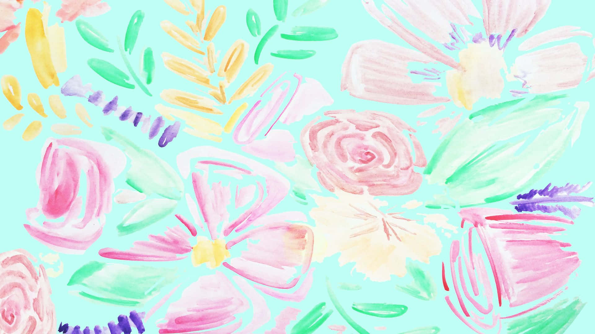 Floral Watercolor 桌布 壁紙 — 鮮豔的水彩花朵和葉子在柔和的薄荷綠色背景上以寬鬆而富有表現力的筆觸綻放。
