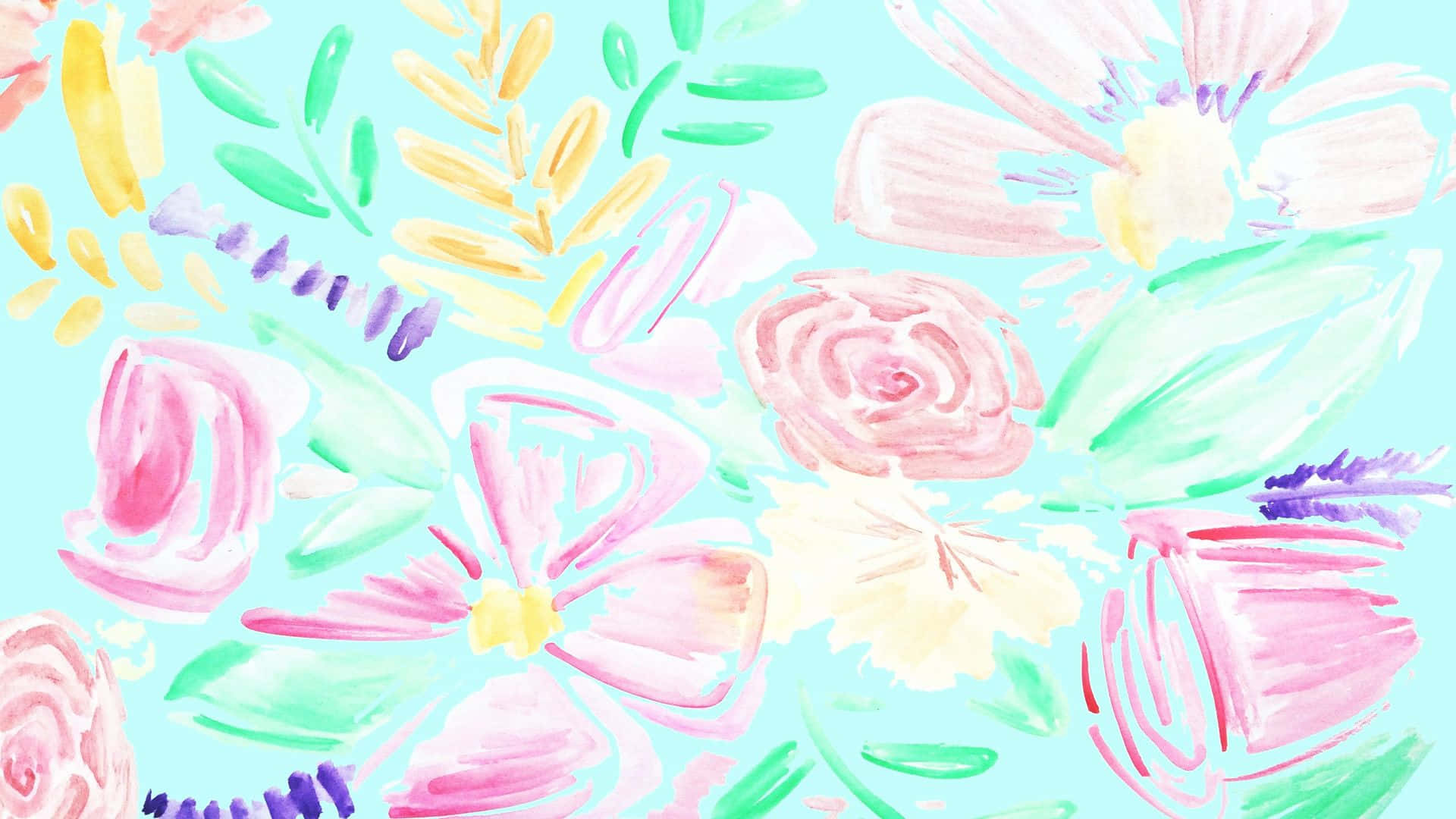 Watercolor 桌布 壁紙 — 鮮豔的水彩花朵和葉子在柔和的藍綠色背景上以鬆散而富有表現力的筆觸綻放。