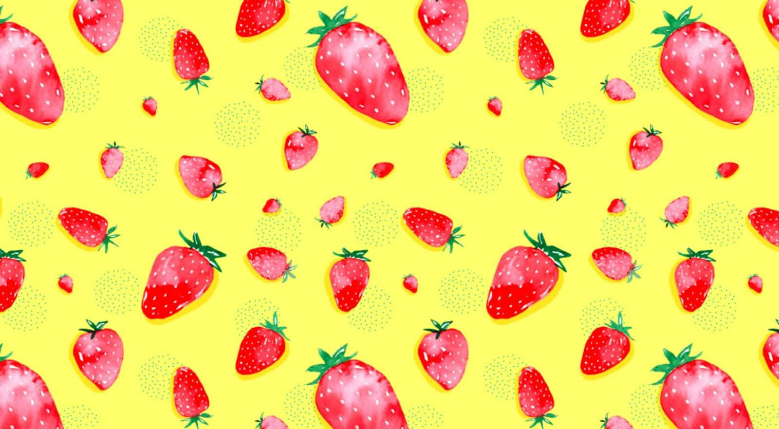 Cute Strawberry 桌布 壁紙 — 鮮豔的水彩草莓散落在陽光燦爛的黃色背景上，帶有微妙的點狀圓圈。