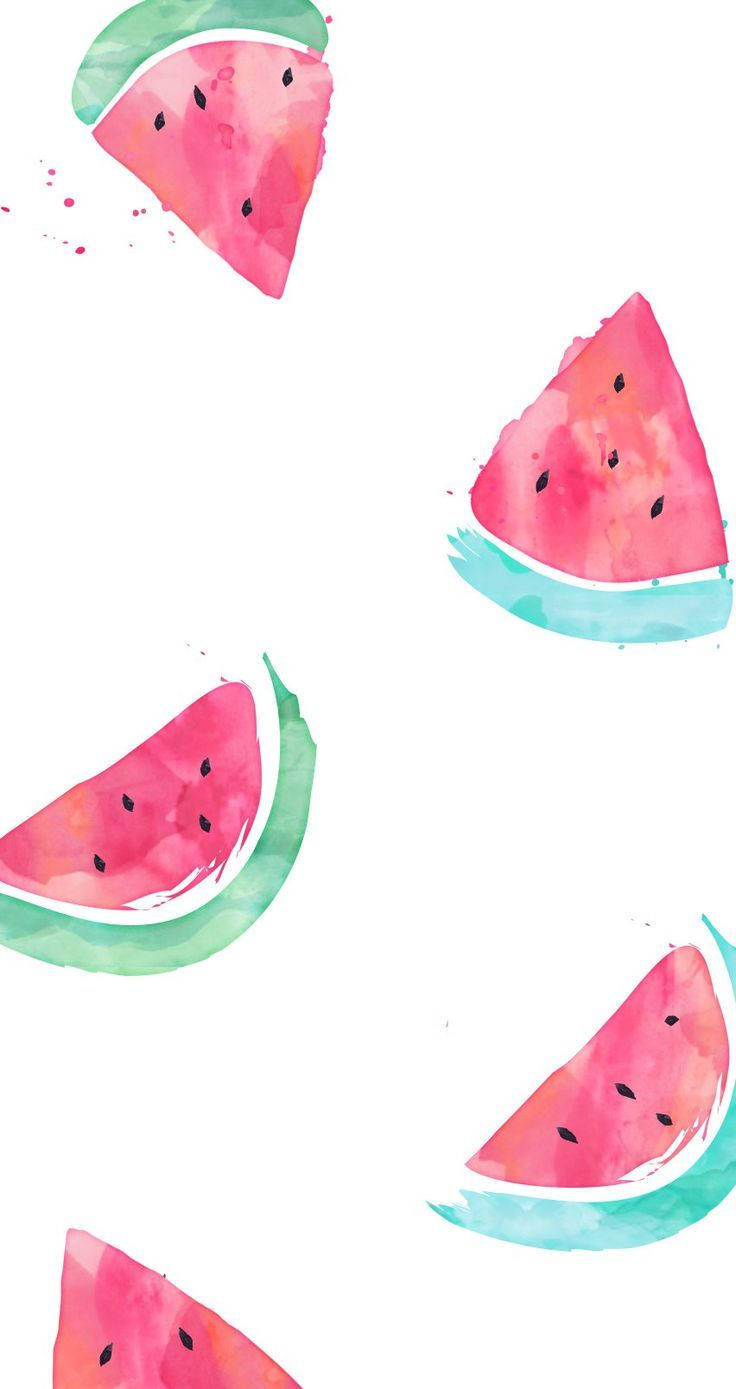 Watermelon 桌布 壁紙 — 鮮豔的水彩西瓜片，帶有粉紅色果肉和綠色外皮，漂浮在乾淨的白色背景上。
